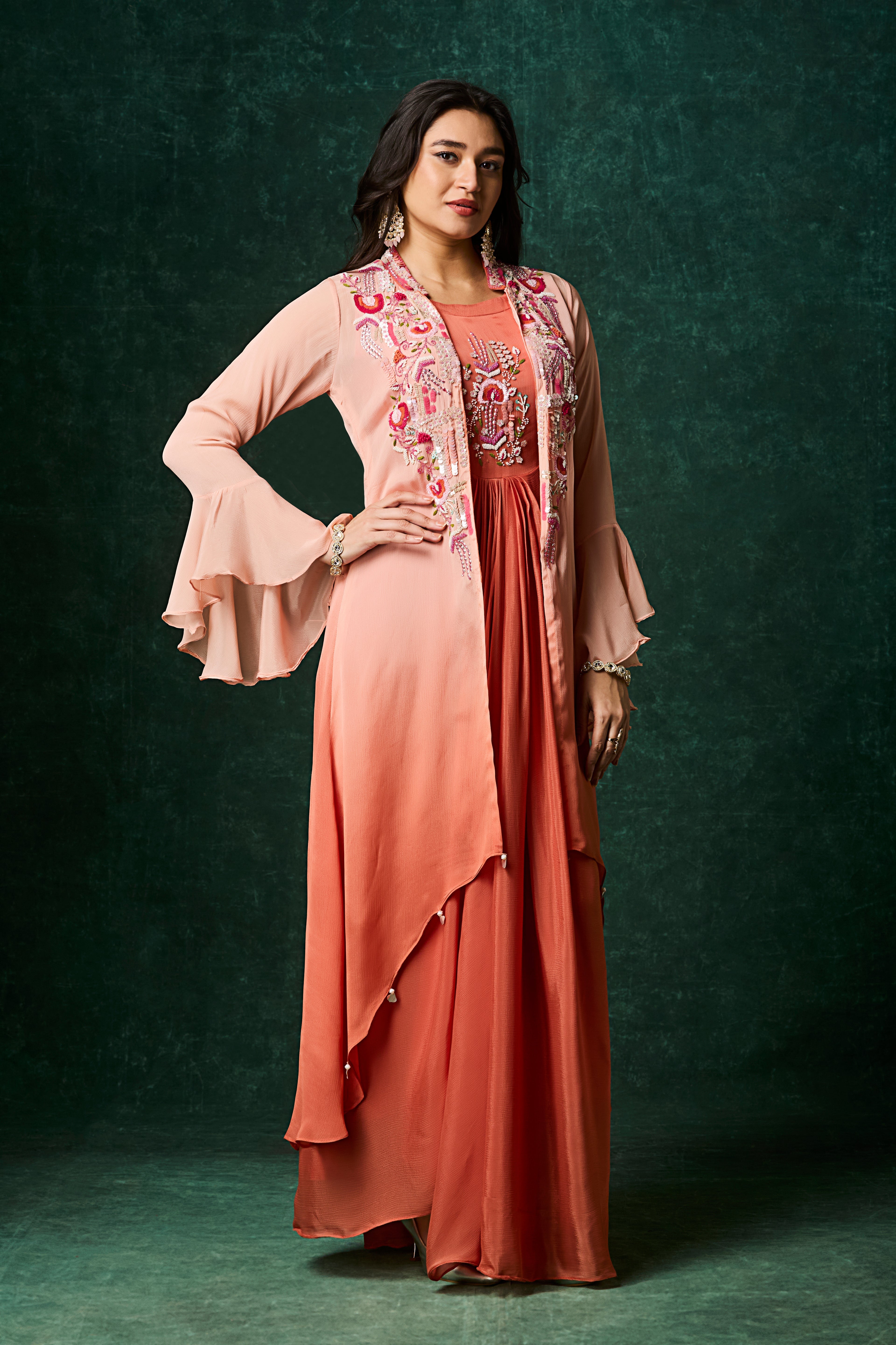 Dusty Orange Ombre Embellished Chinon Silk Gown