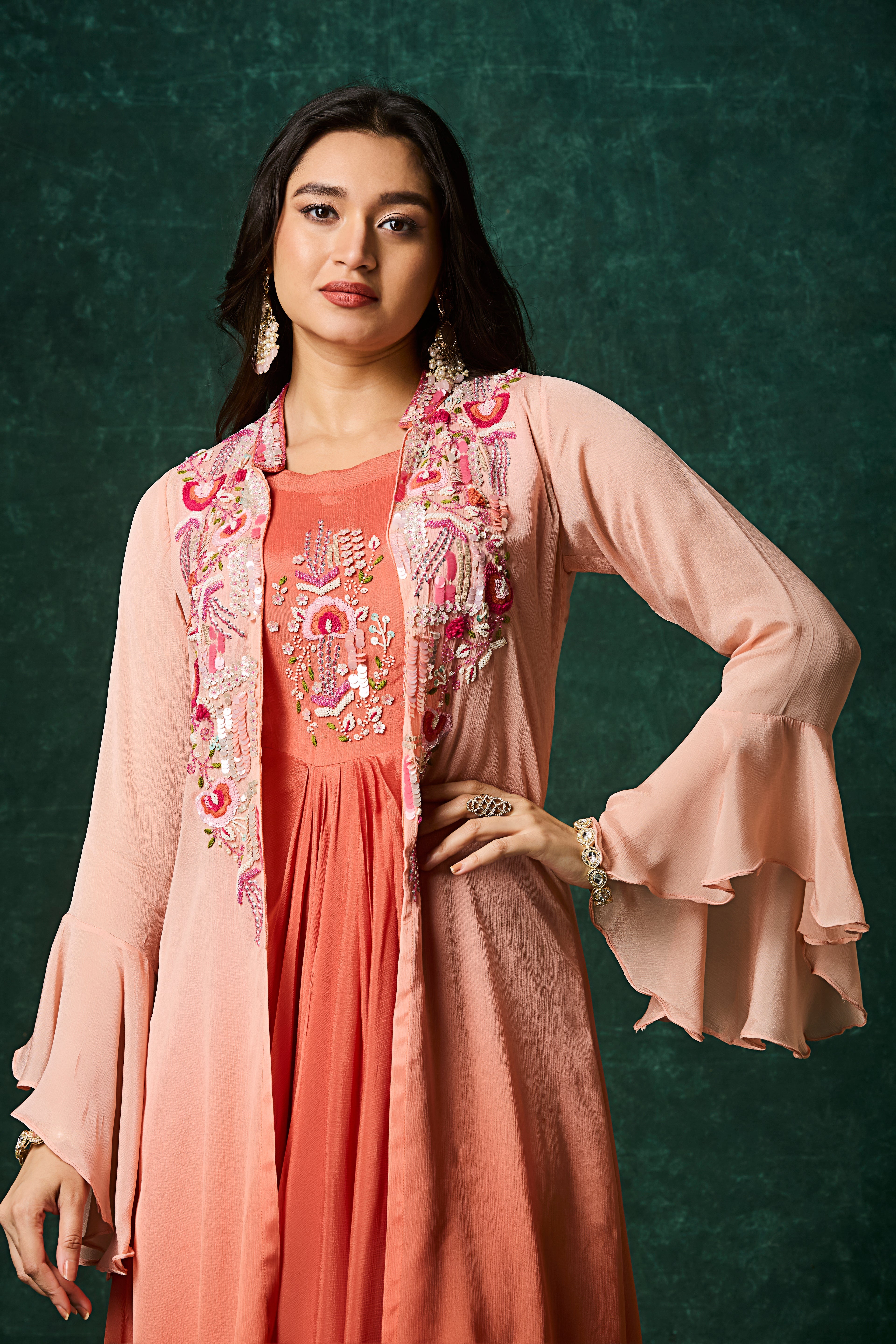 Dusty Orange Ombre Embellished Chinon Silk Gown