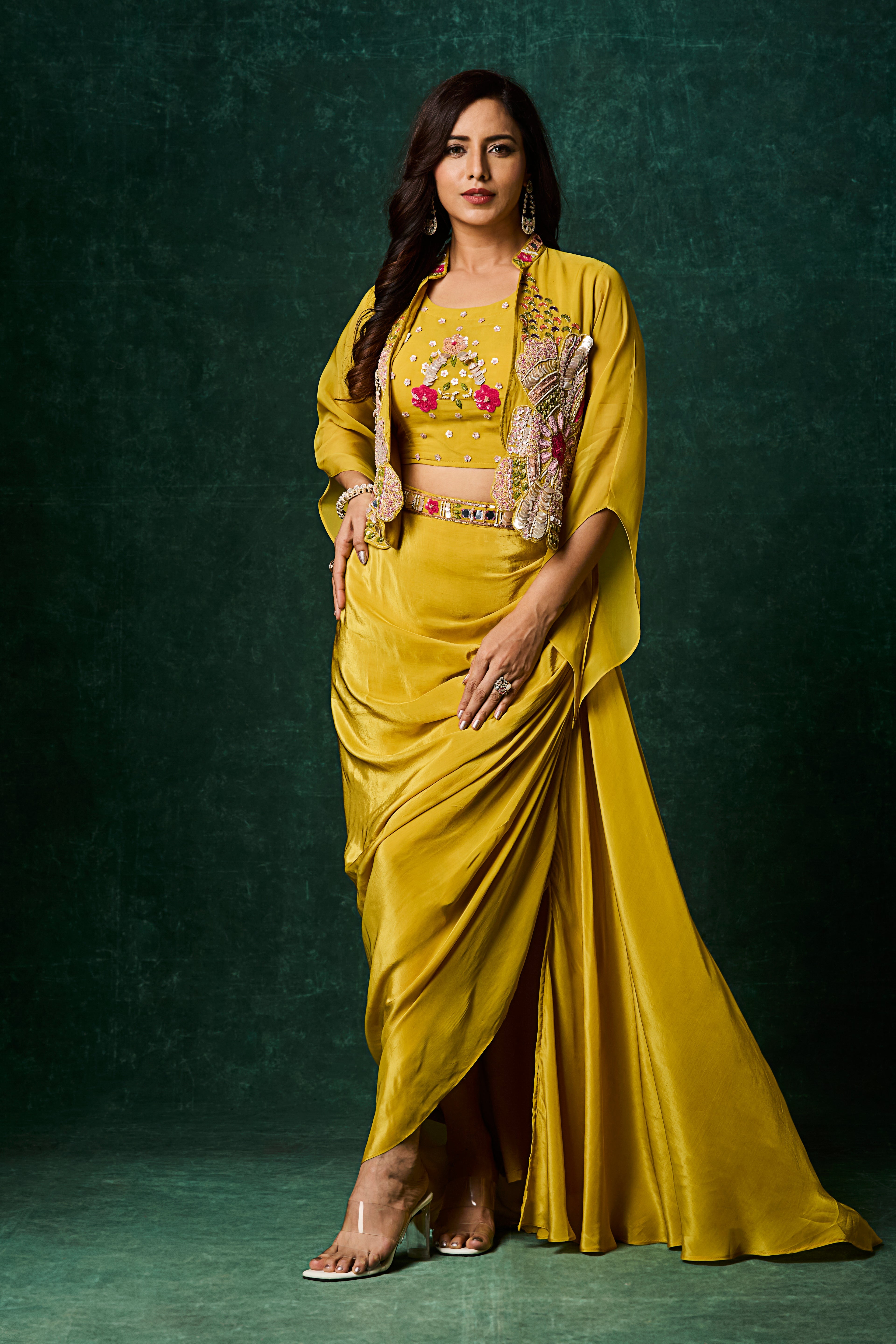 Mustard Yellow Embellished Crepe Silk Skirt Set
