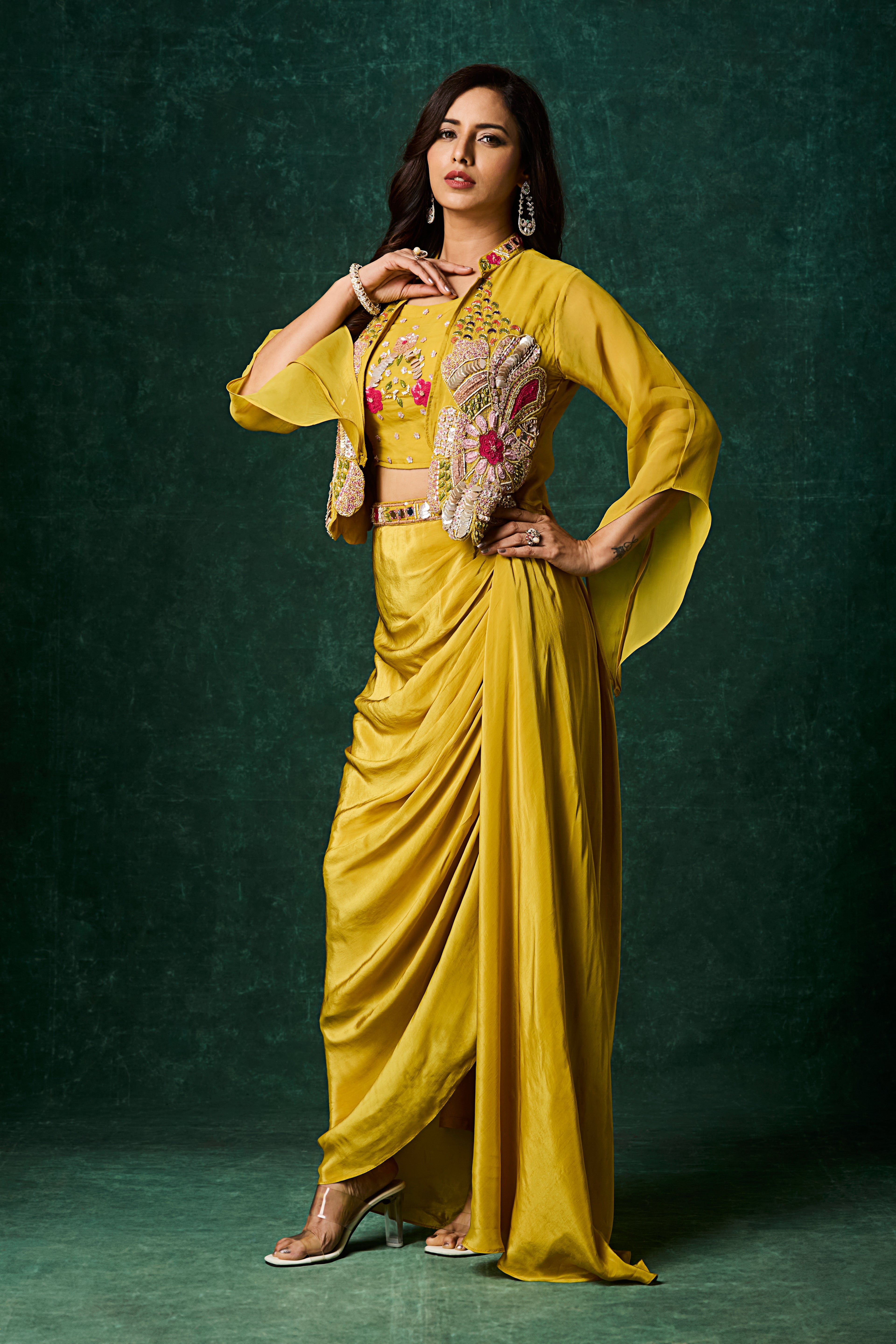 Mustard Yellow Embellished Crepe Silk Skirt Set