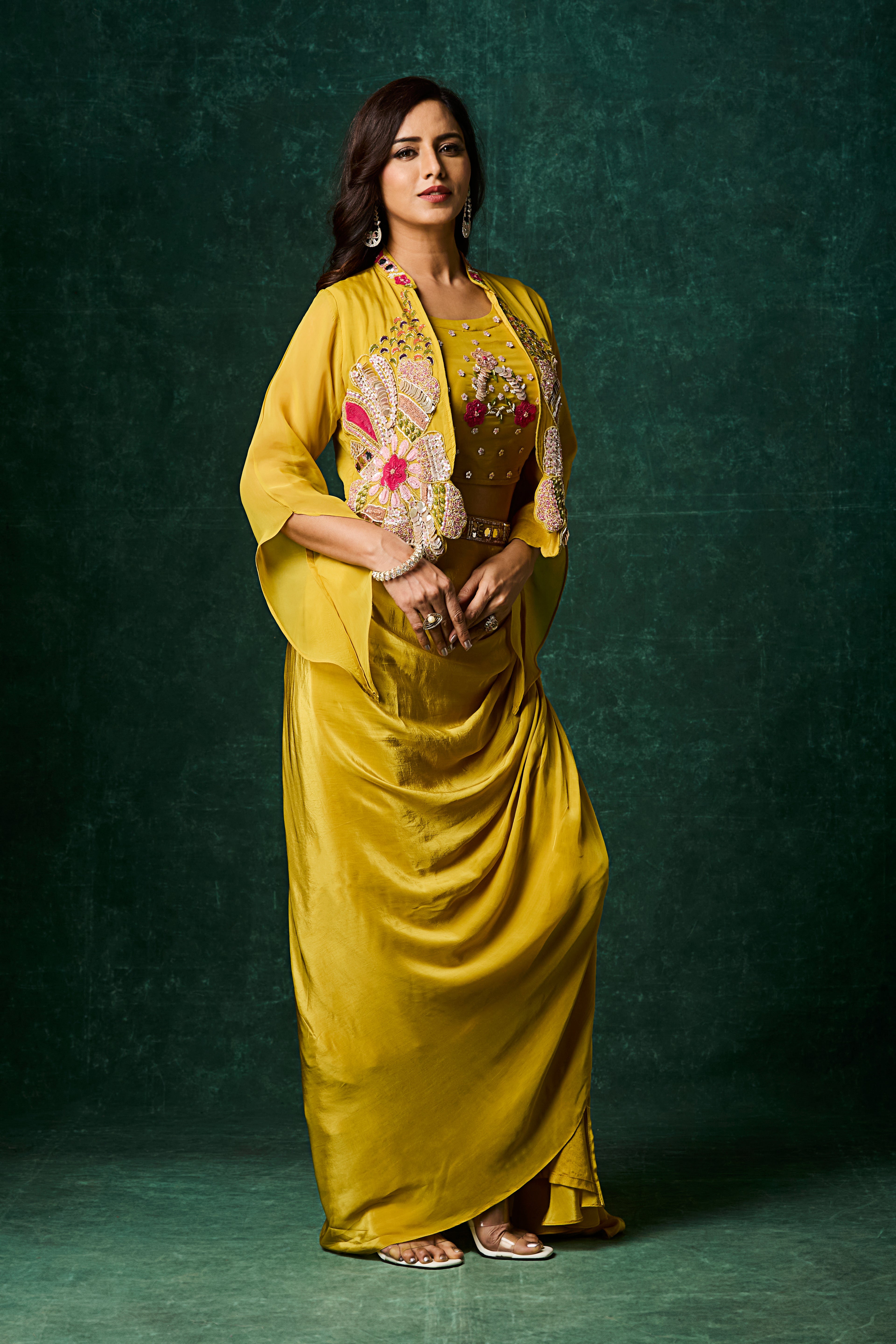 Mustard Yellow Embellished Crepe Silk Skirt Set