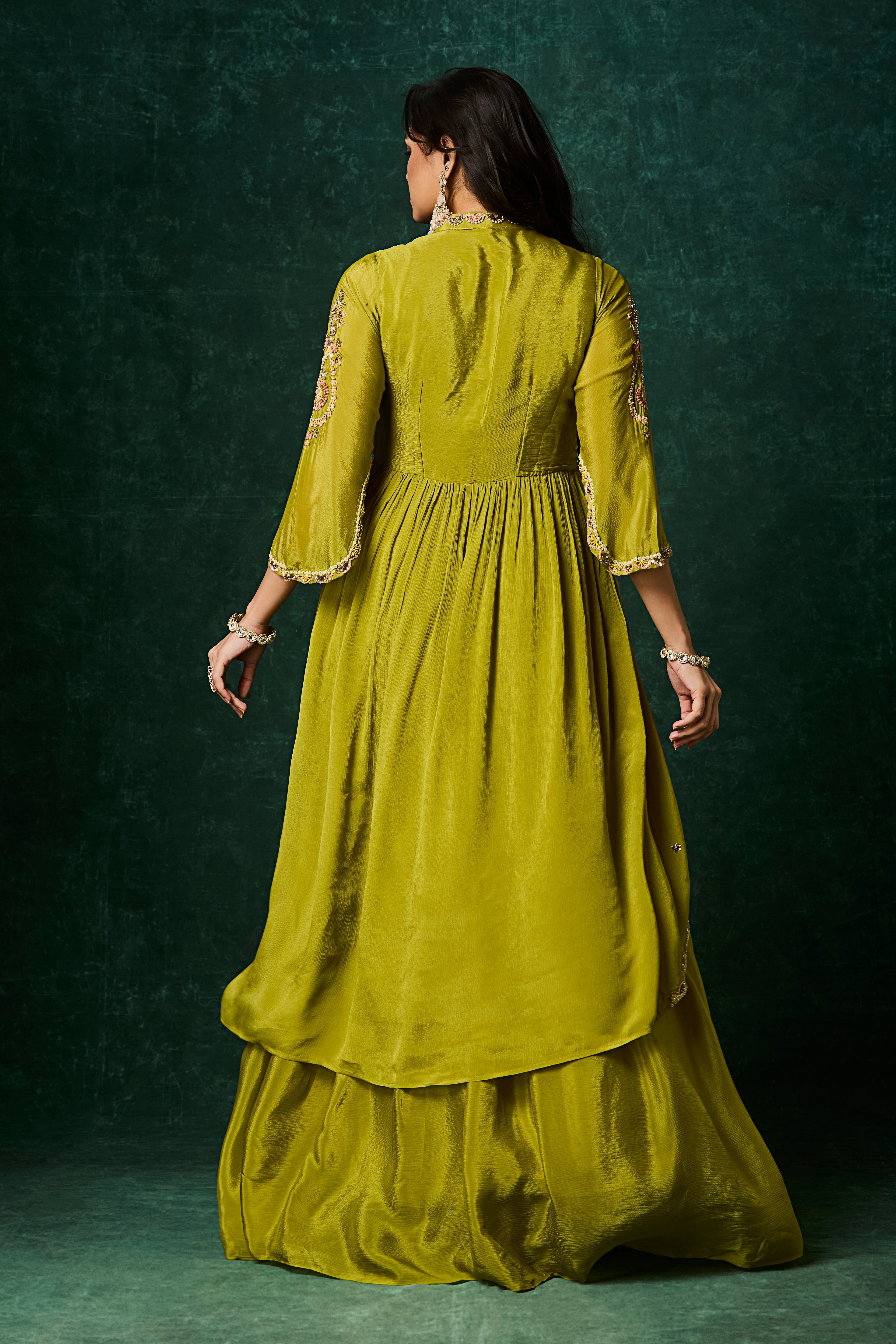 Pear Green Embellished Chinon Silk Skirt Set