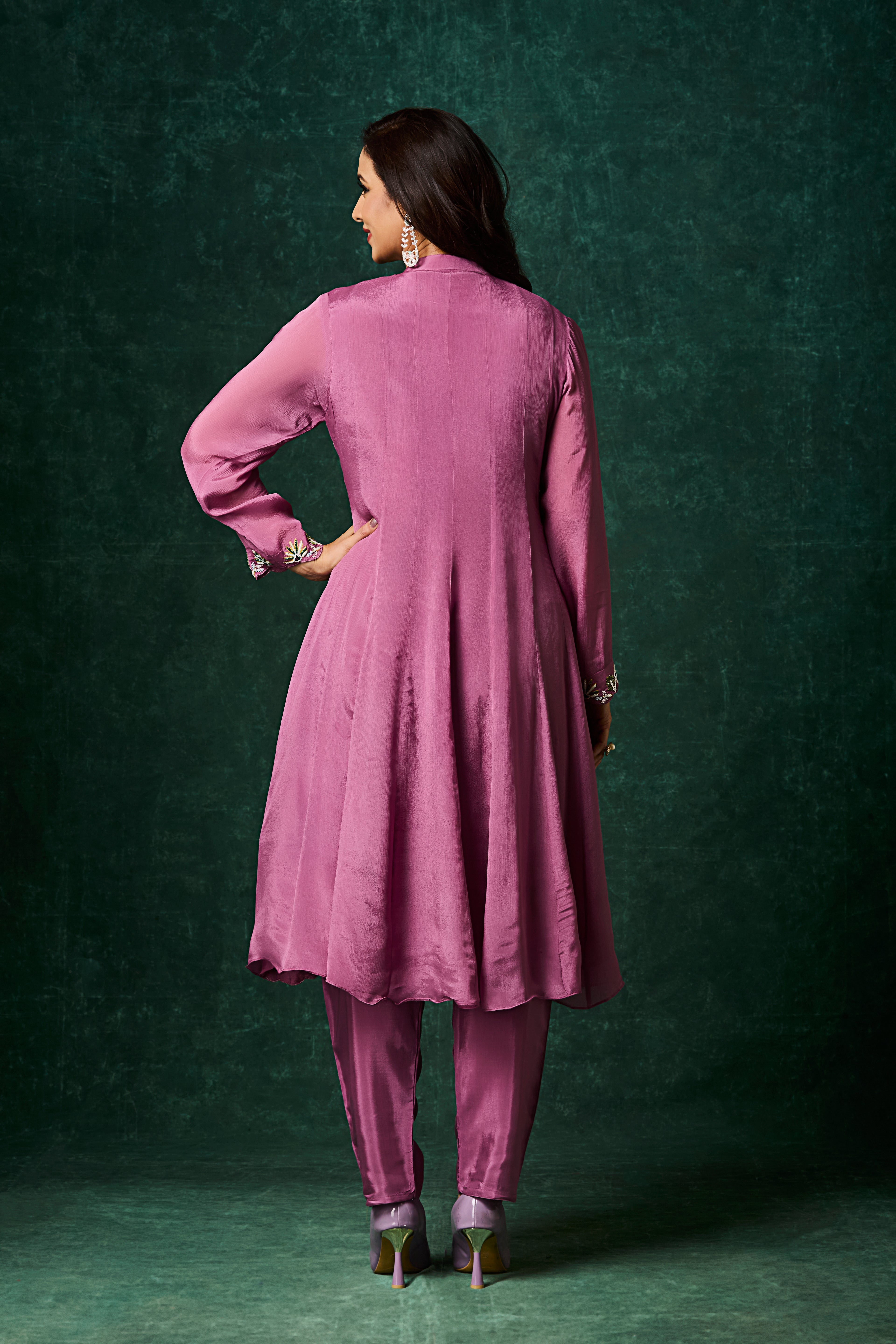 Purple Embellished Chinon Silk Anarkali Set