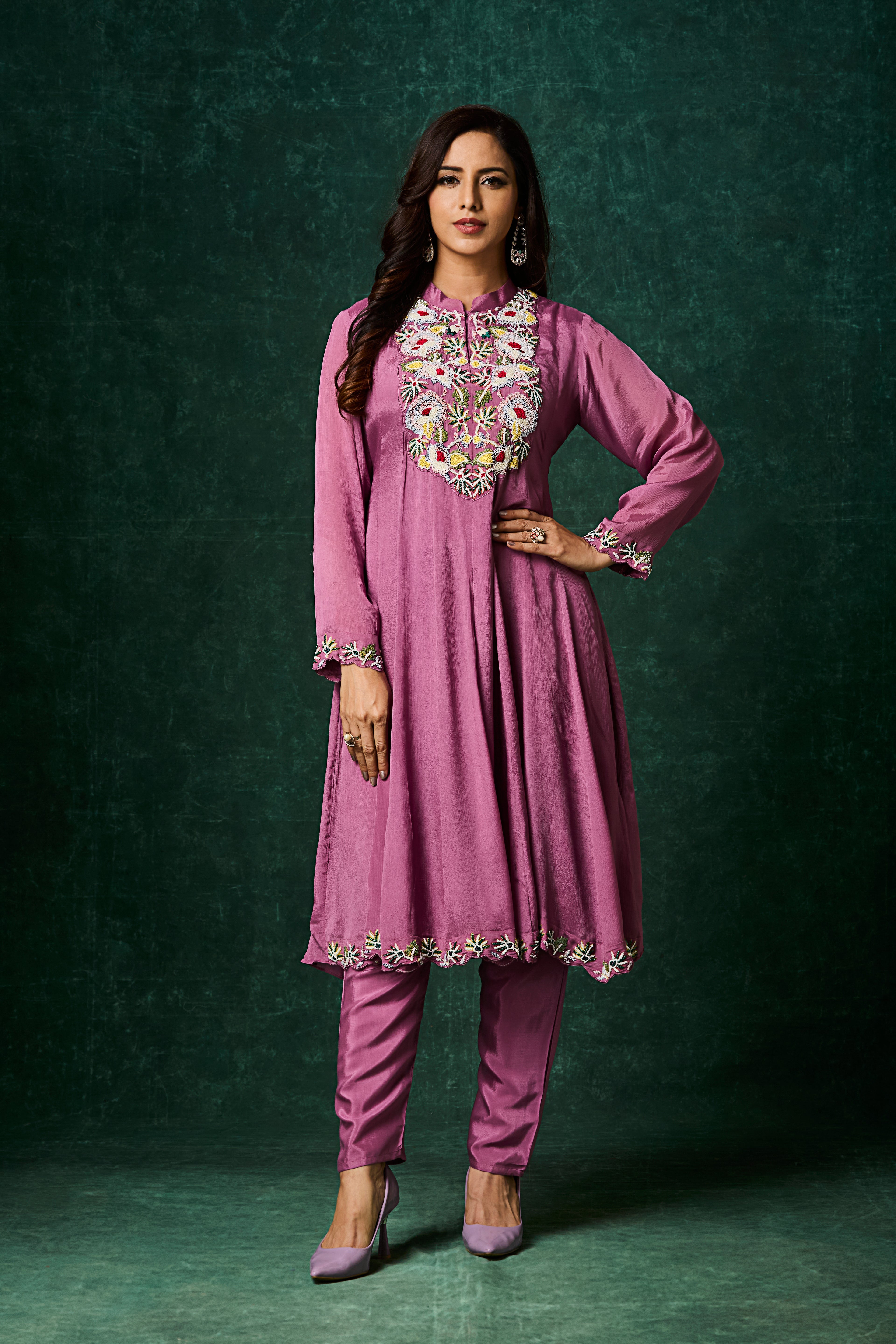 Purple Embellished Chinon Silk Anarkali Set