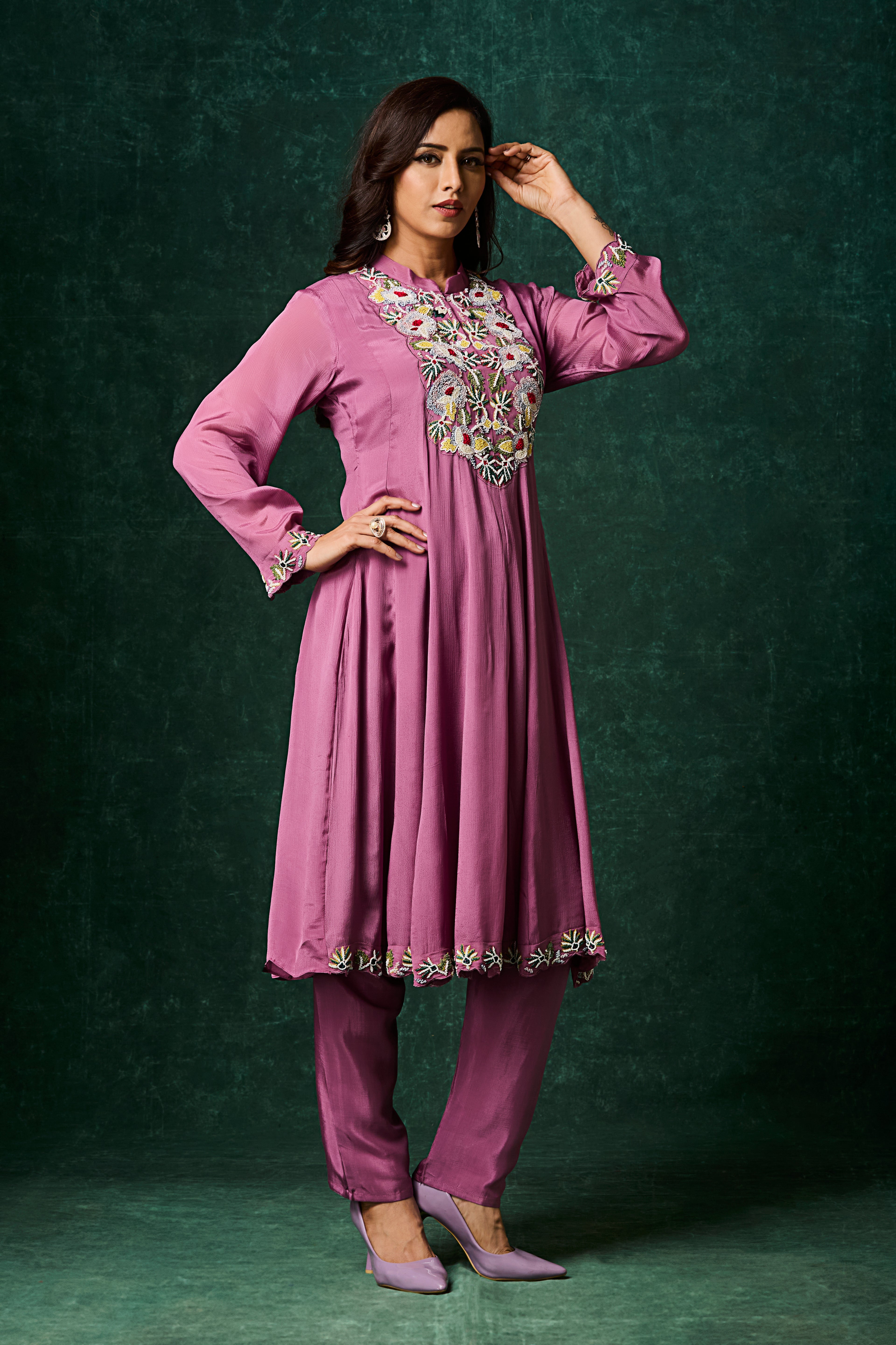 Purple Embellished Chinon Silk Anarkali Set