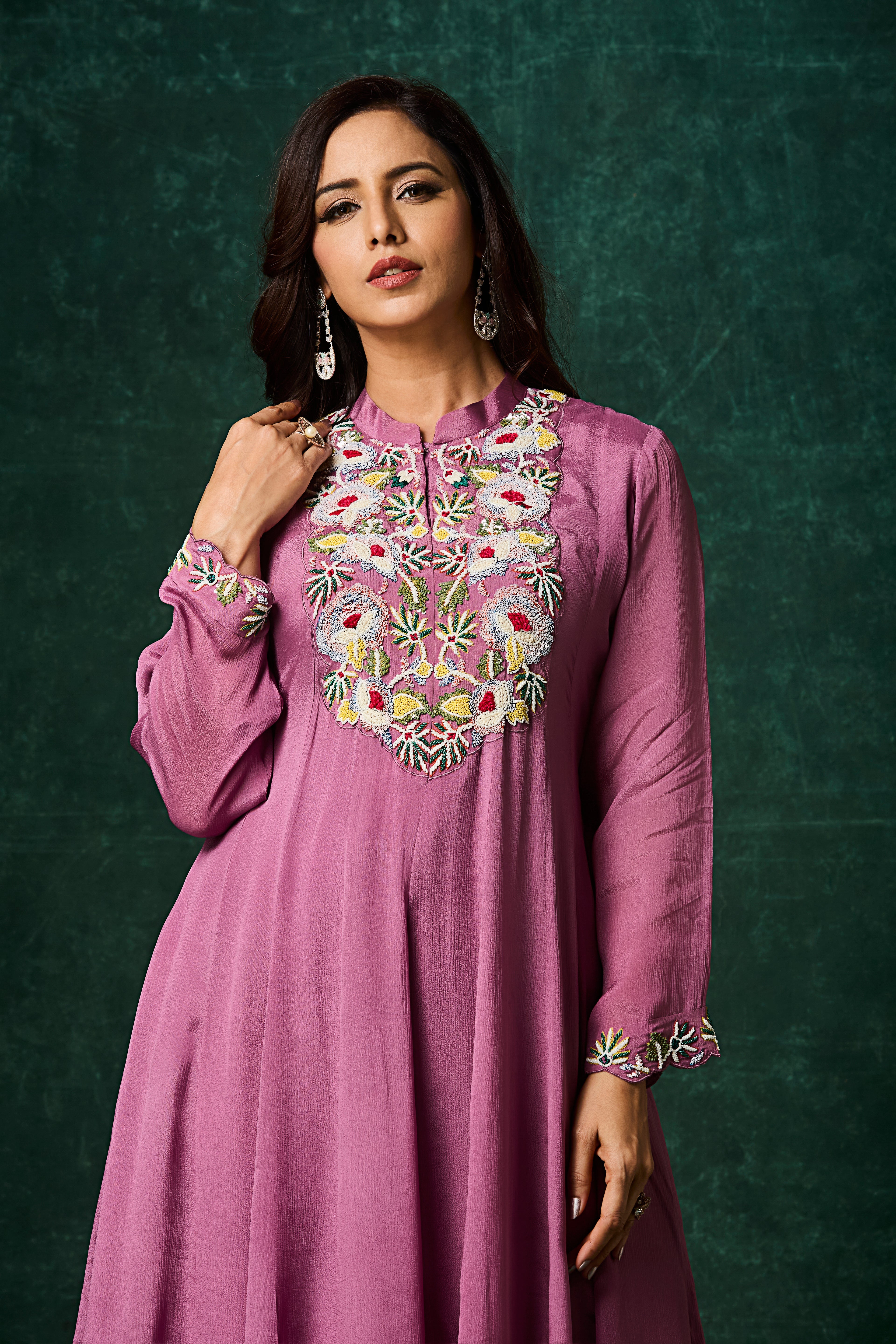 Purple Embellished Chinon Silk Anarkali Set