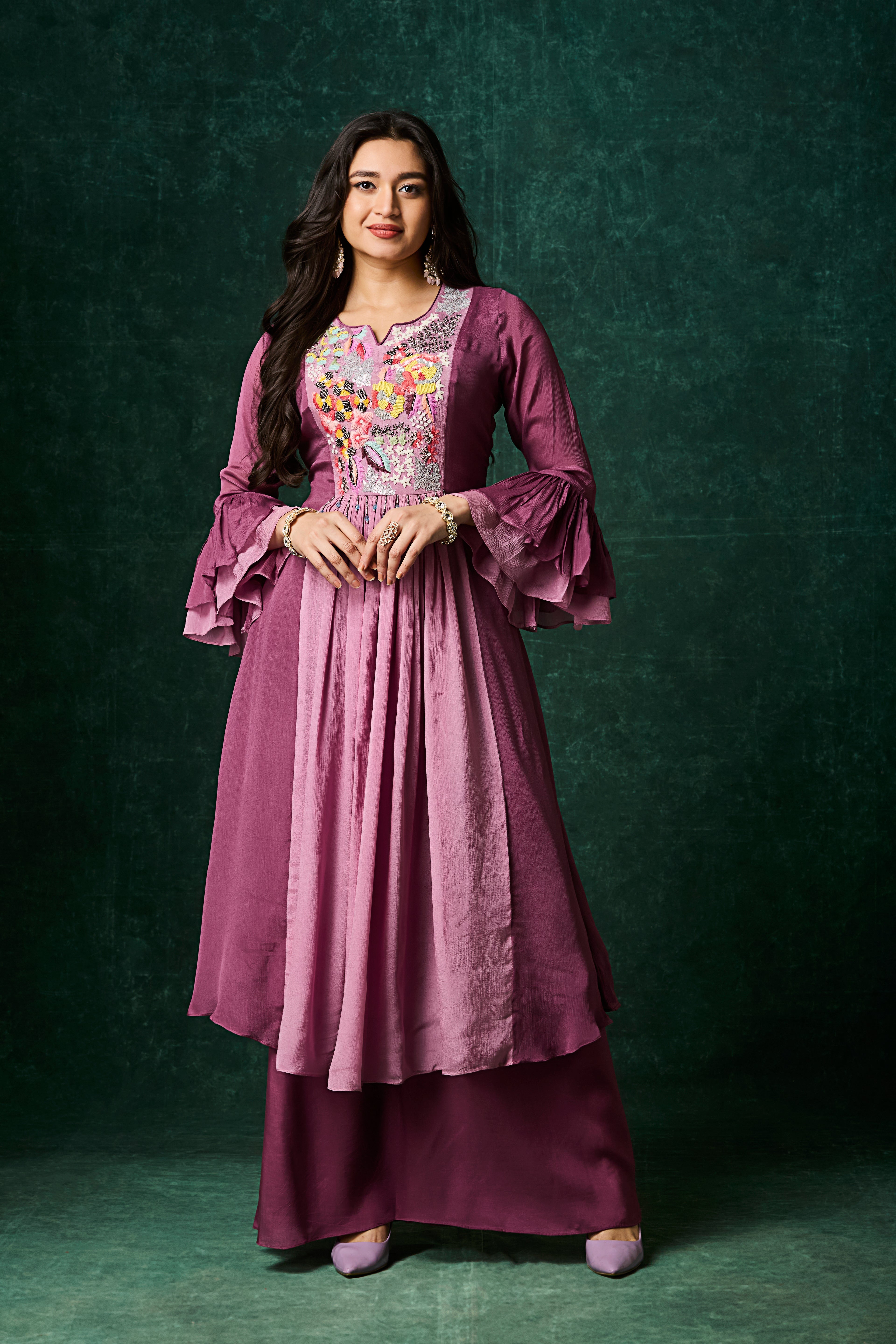 Mulberry Purple Embellished Chinon Silk Palazzo Set