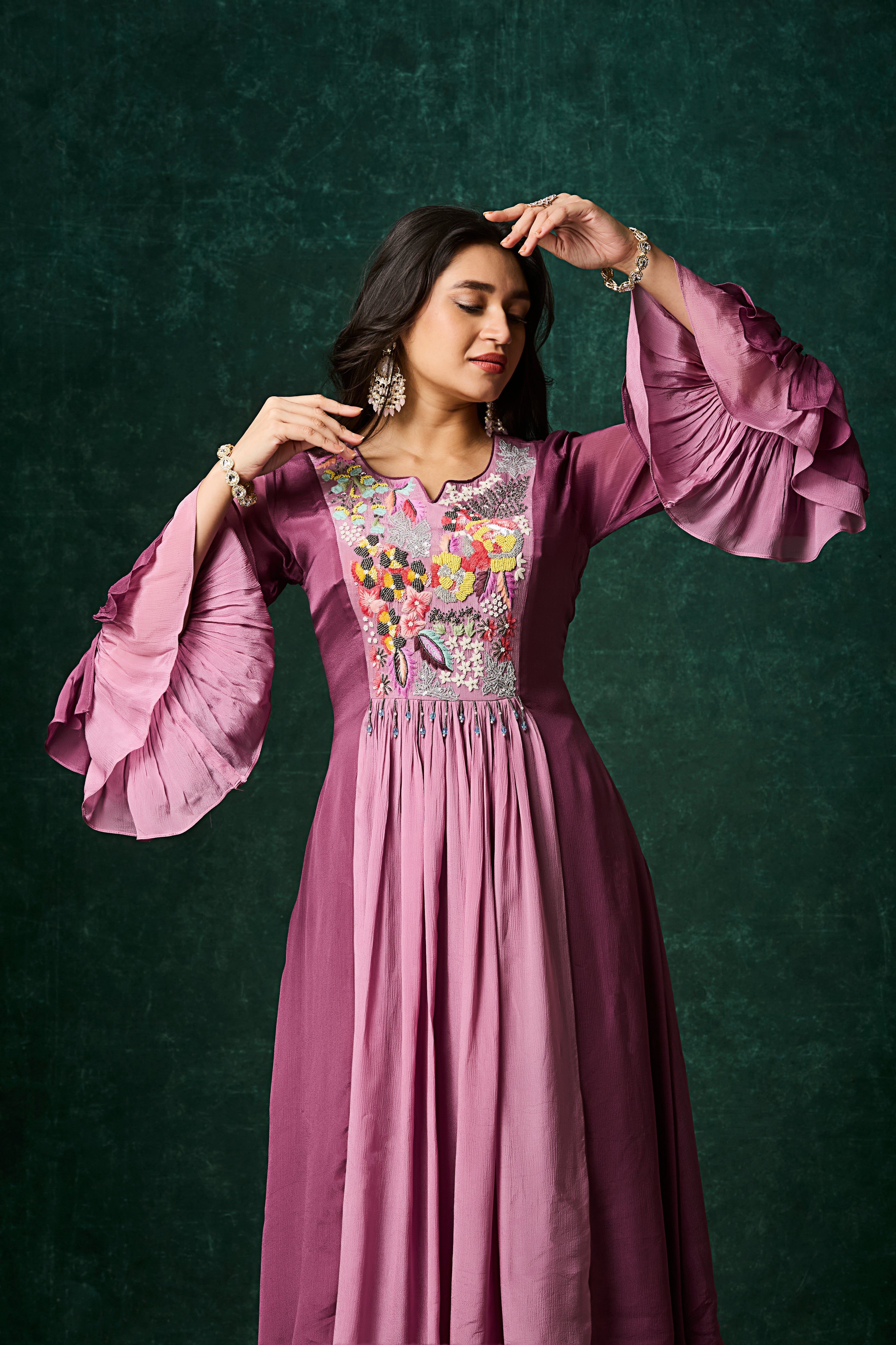 Mulberry Purple Embellished Chinon Silk Palazzo Set