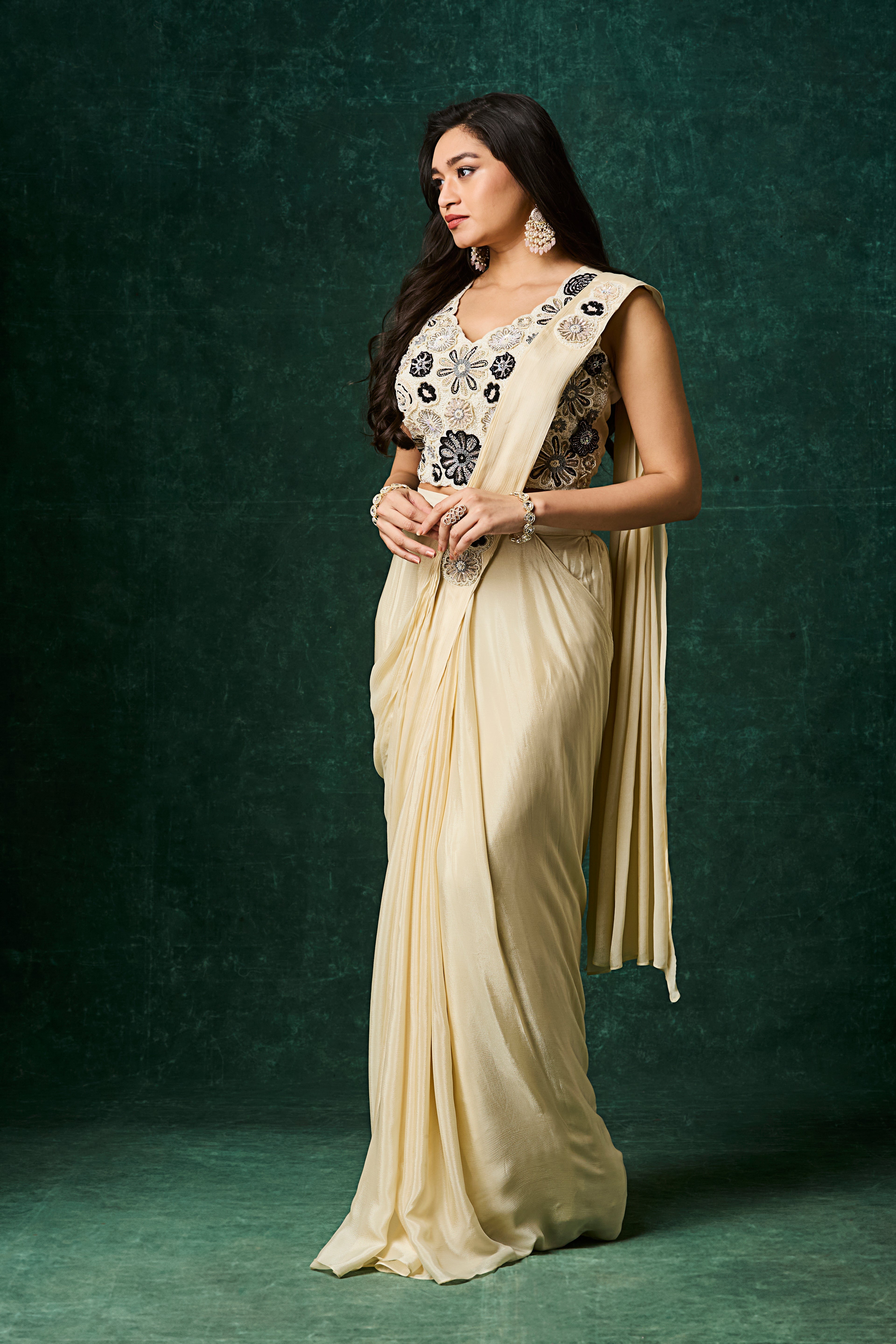 Soft Beige Embellished Chinon Silk Drape Saree