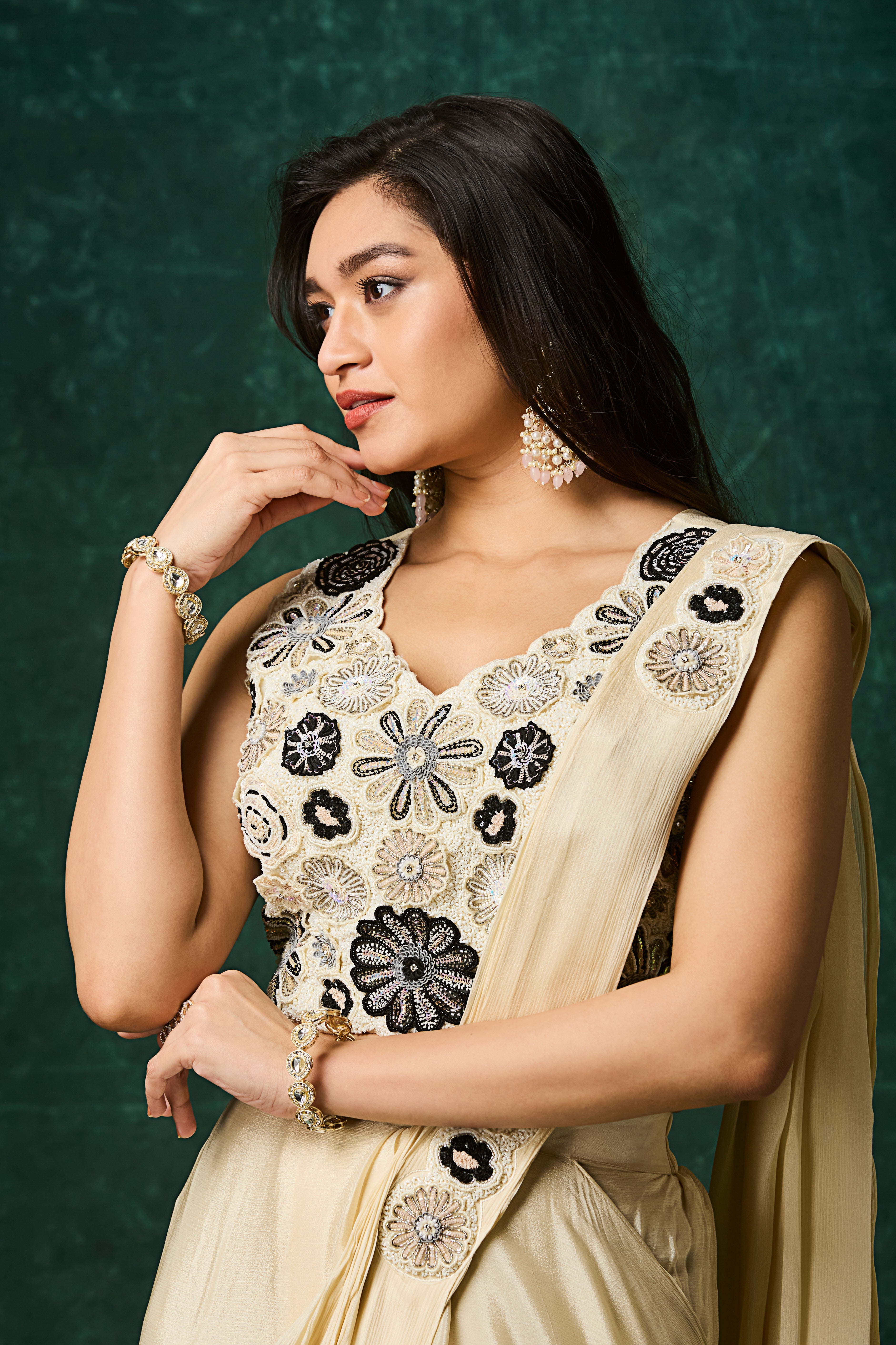 Soft Beige Embellished Chinon Silk Drape Saree