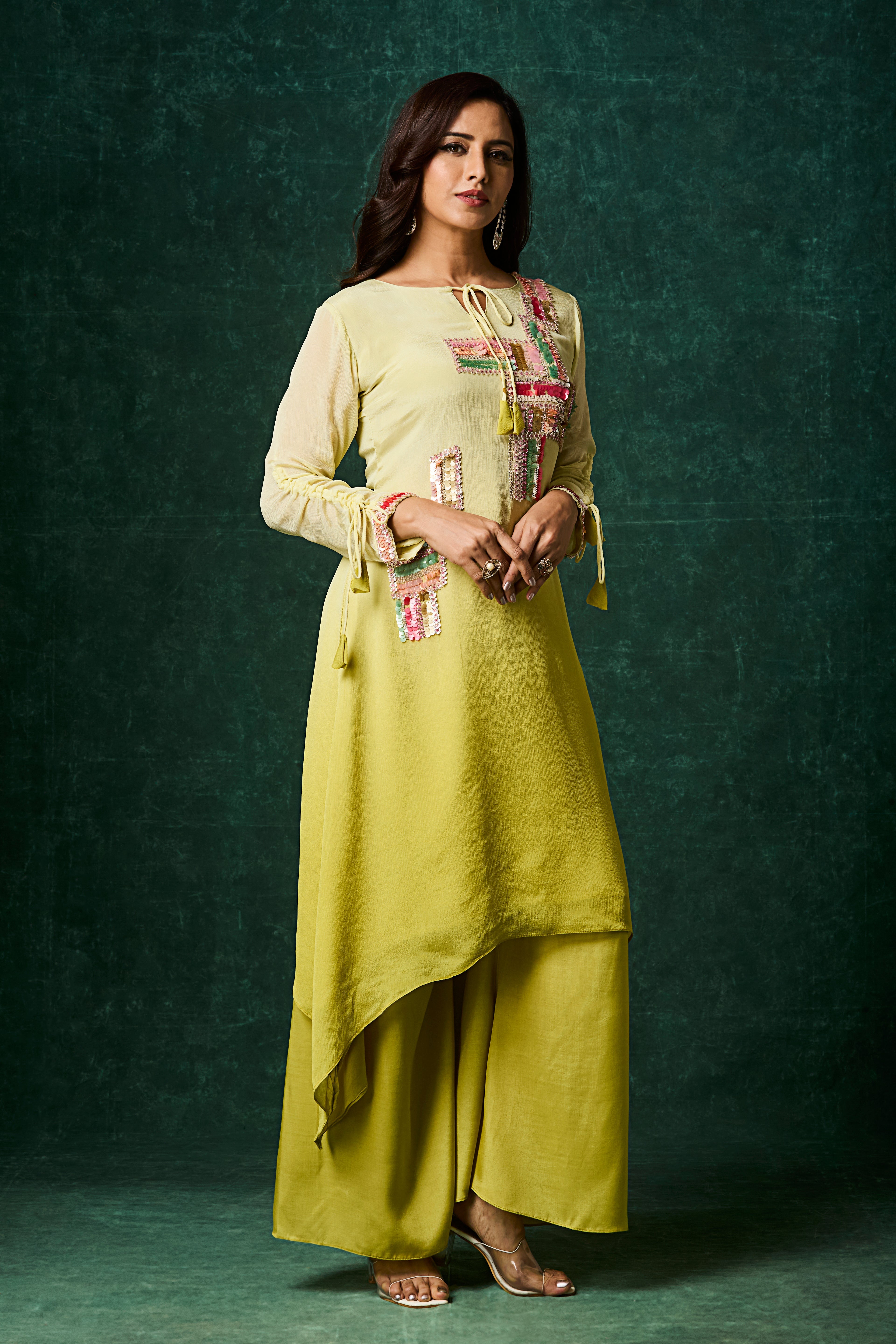Lime Yellow Ombre Embellished Chinon Silk Kurta Set