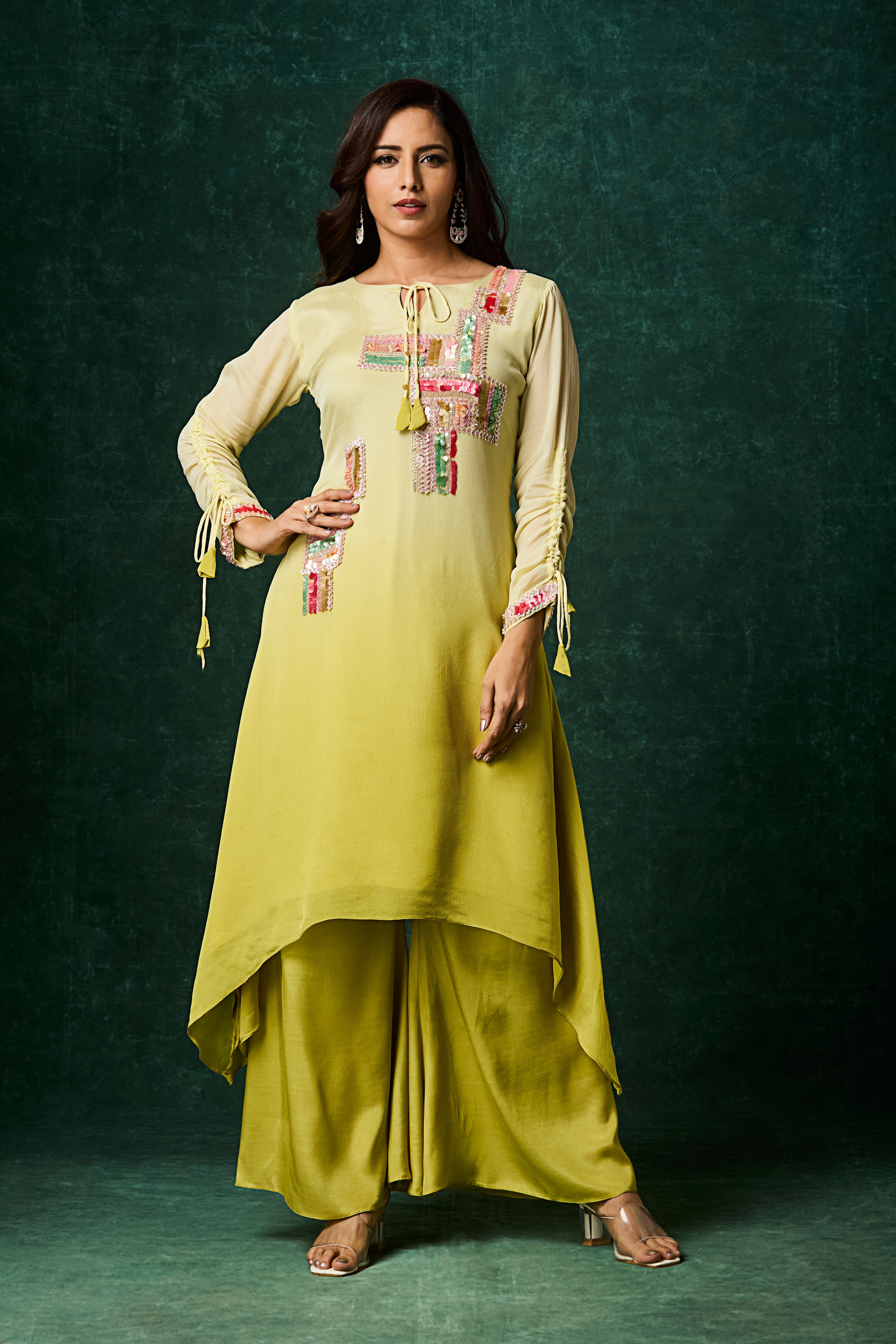 Lime Yellow Ombre Embellished Chinon Silk Kurta Set