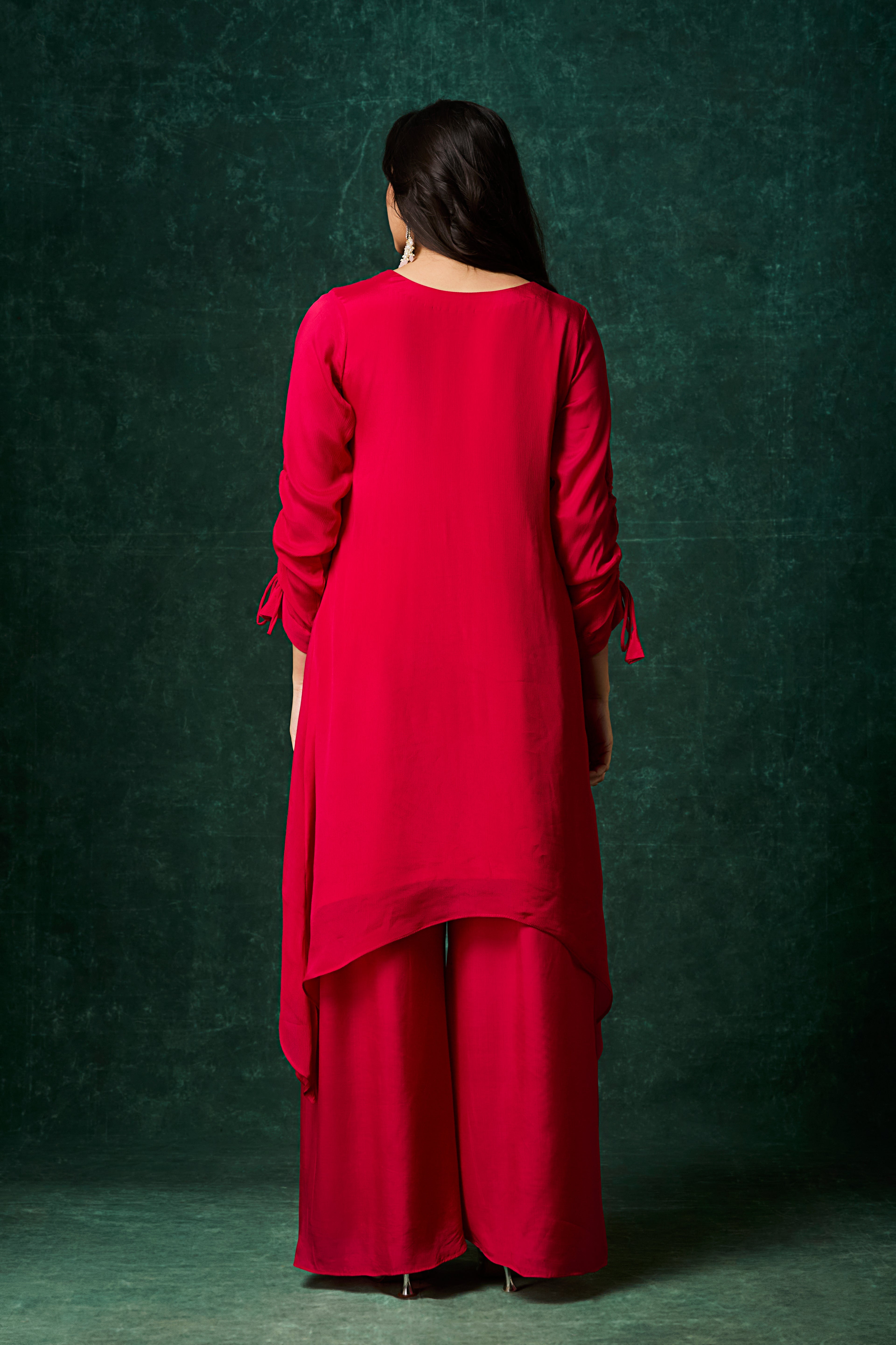 Crimson Pink Embellished Chinon Silk Palazzo Set