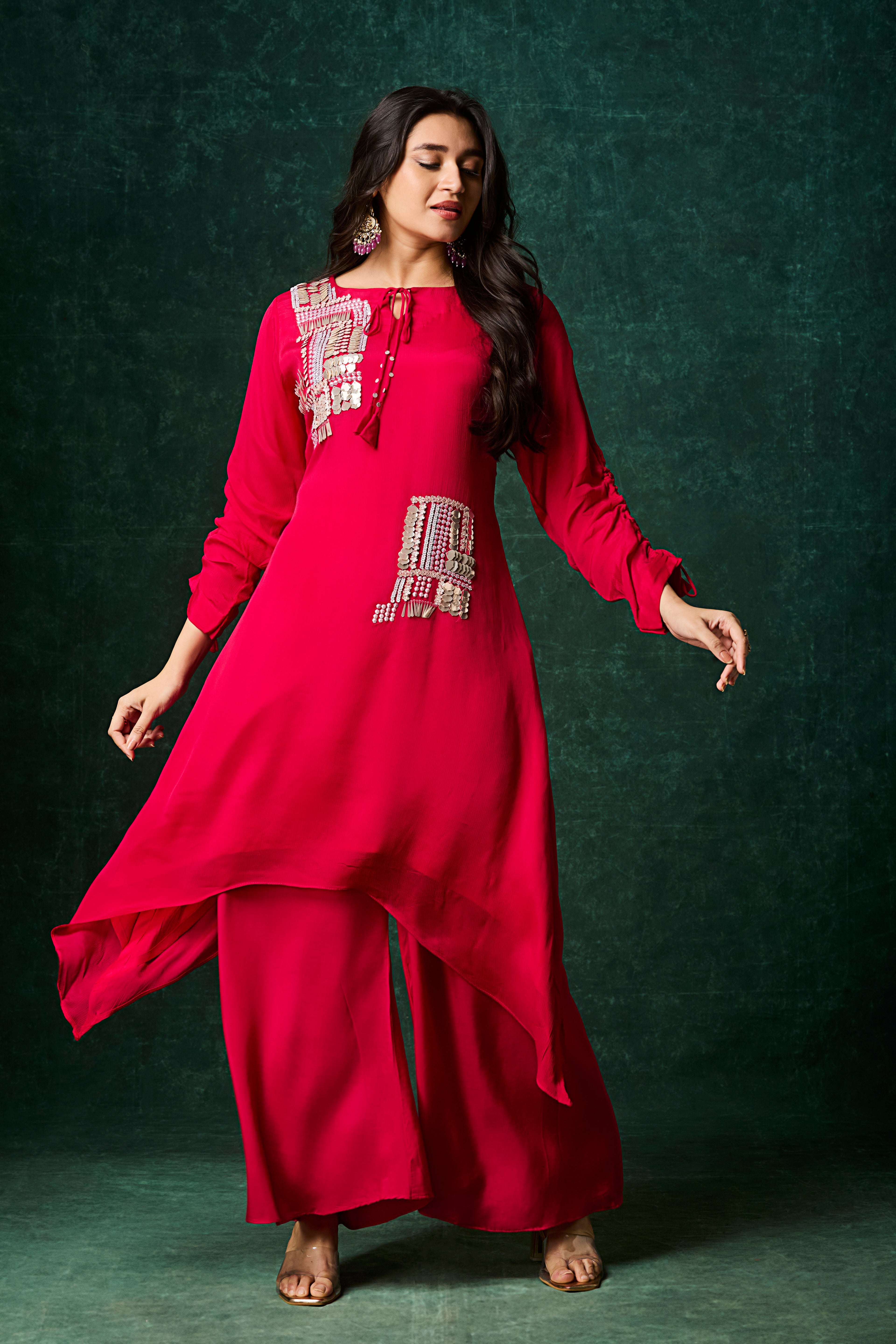 Crimson Pink Embellished Chinon Silk Palazzo Set