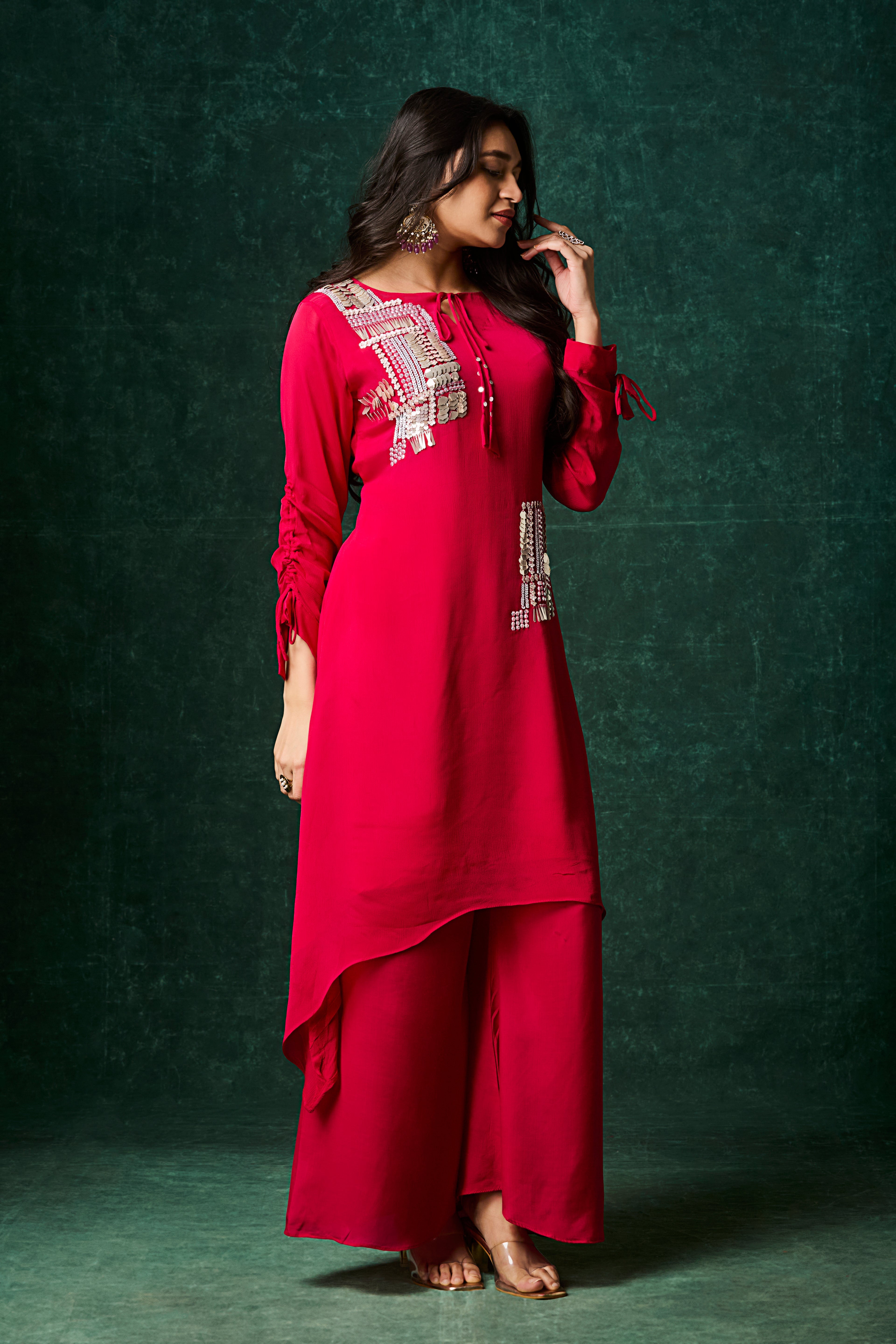 Crimson Pink Embellished Chinon Silk Palazzo Set