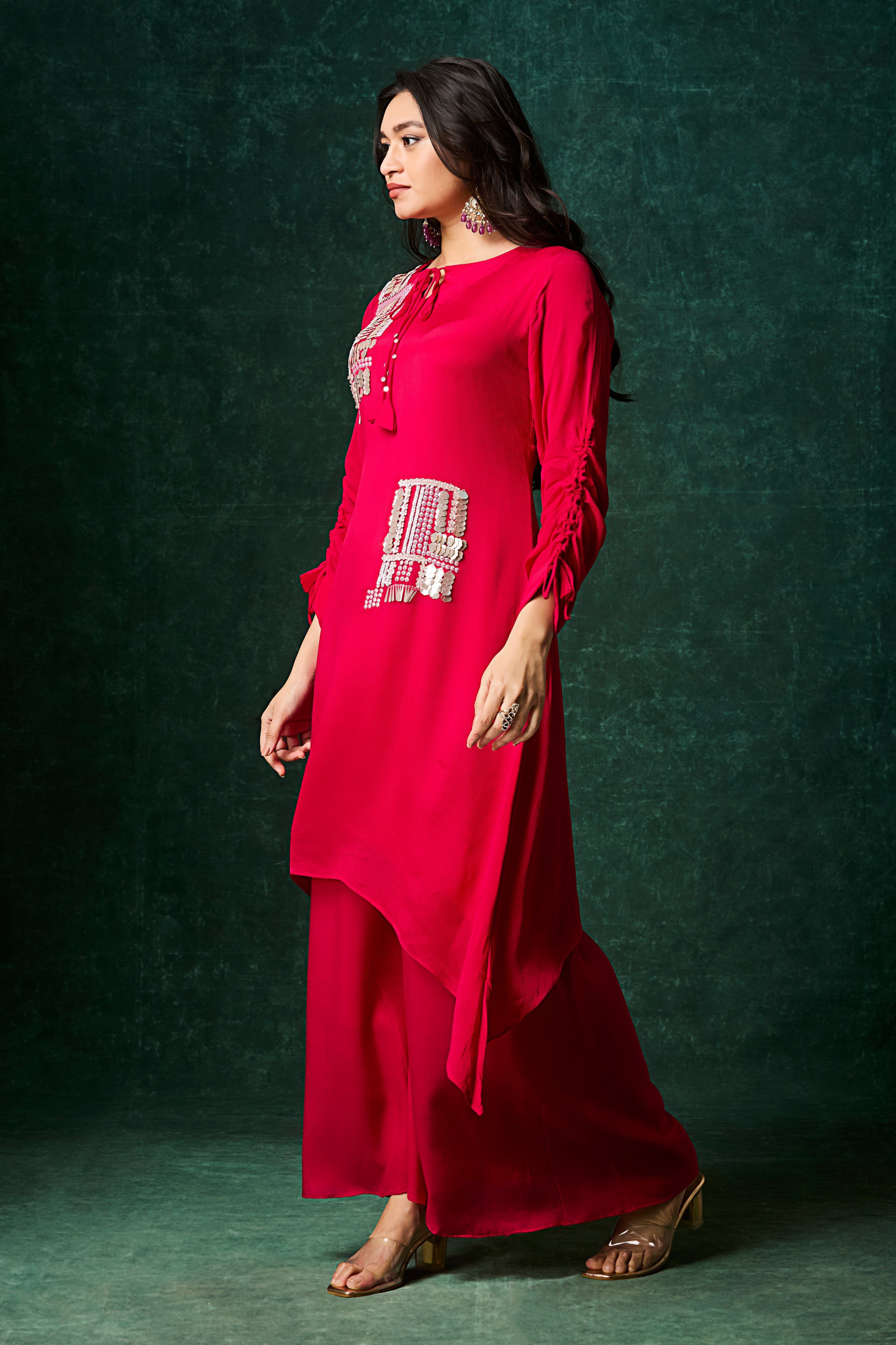 Crimson Pink Embellished Chinon Silk Palazzo Set