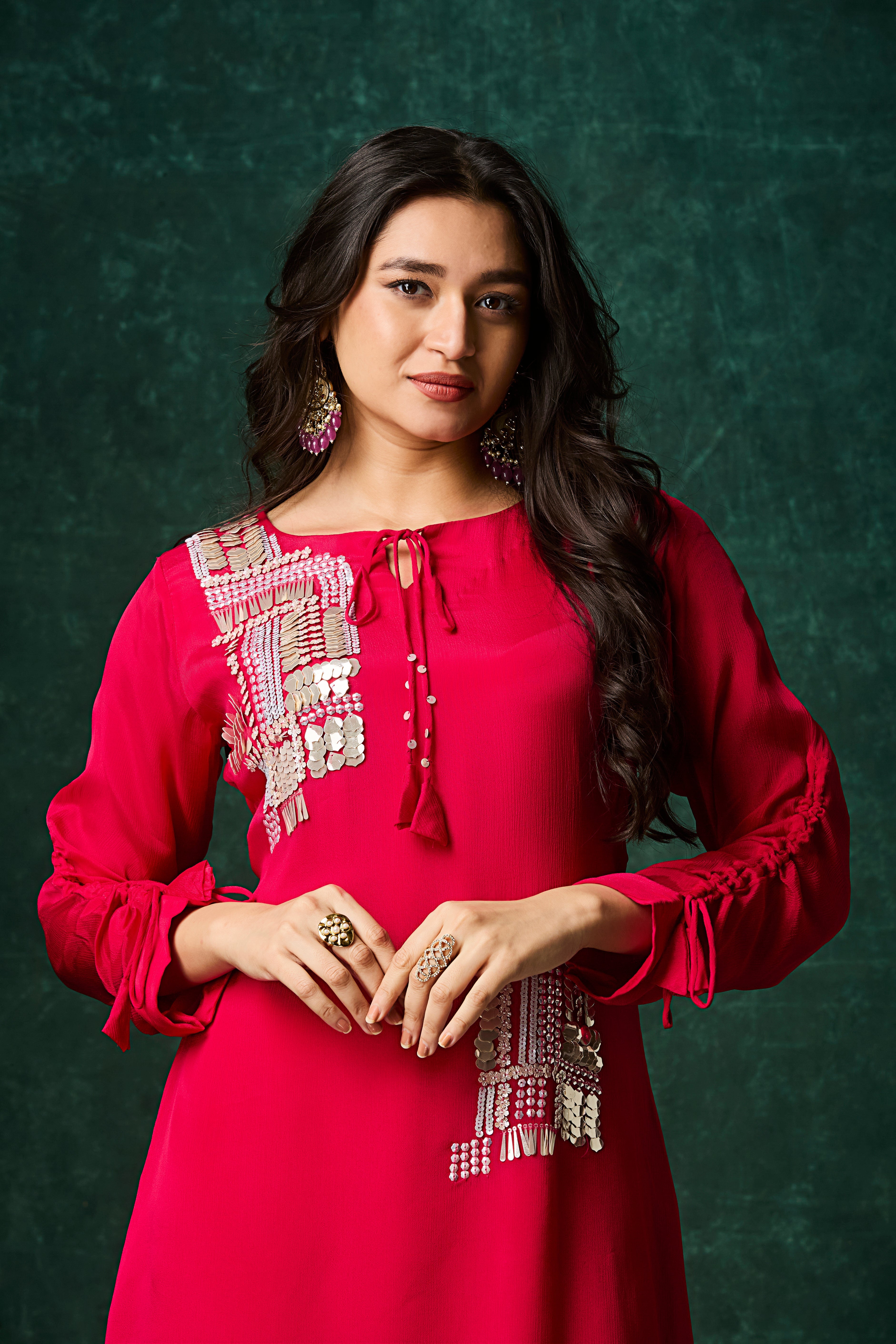 Crimson Pink Embellished Chinon Silk Palazzo Set