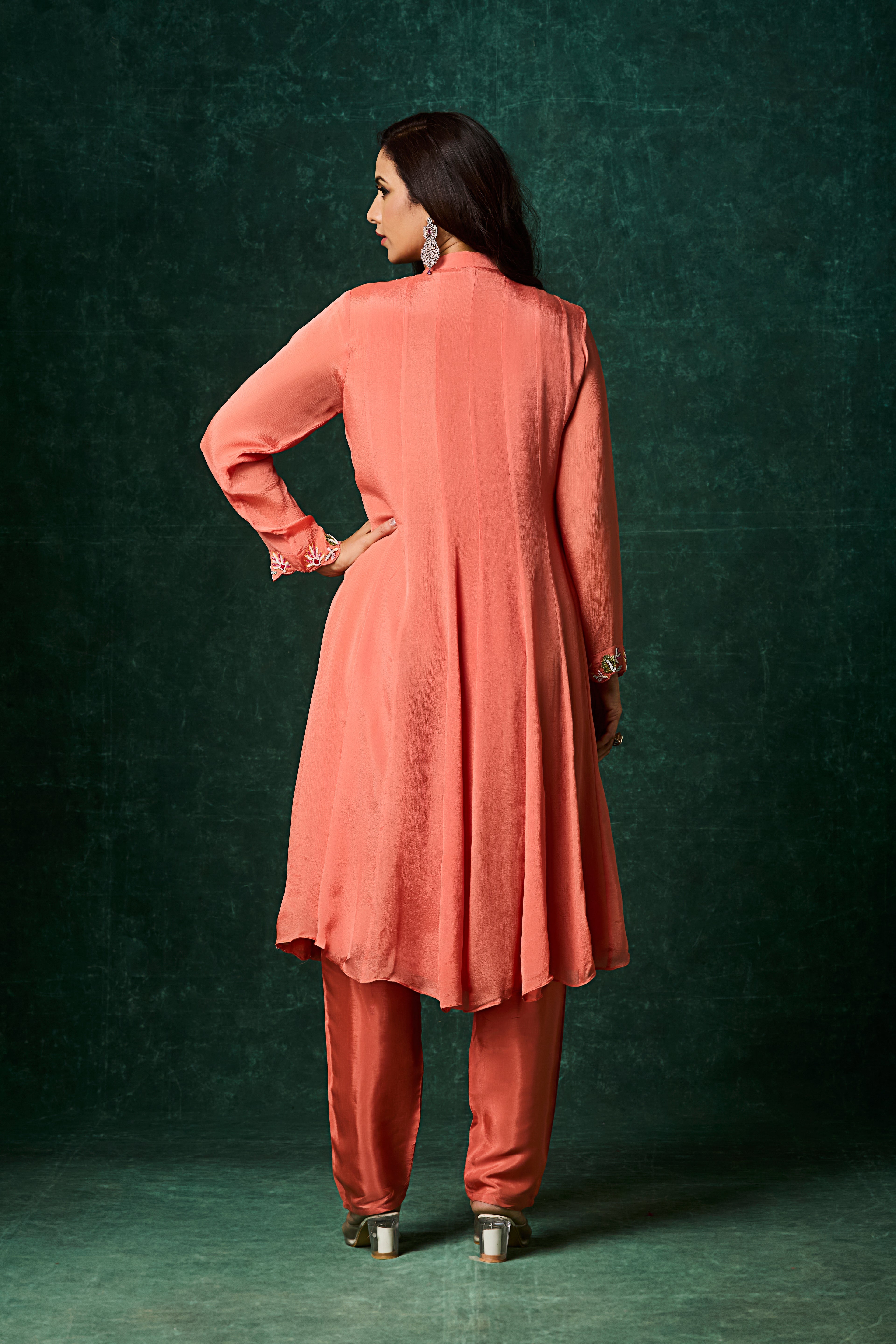 Peach Embellished Chinon Silk Anarkali Set