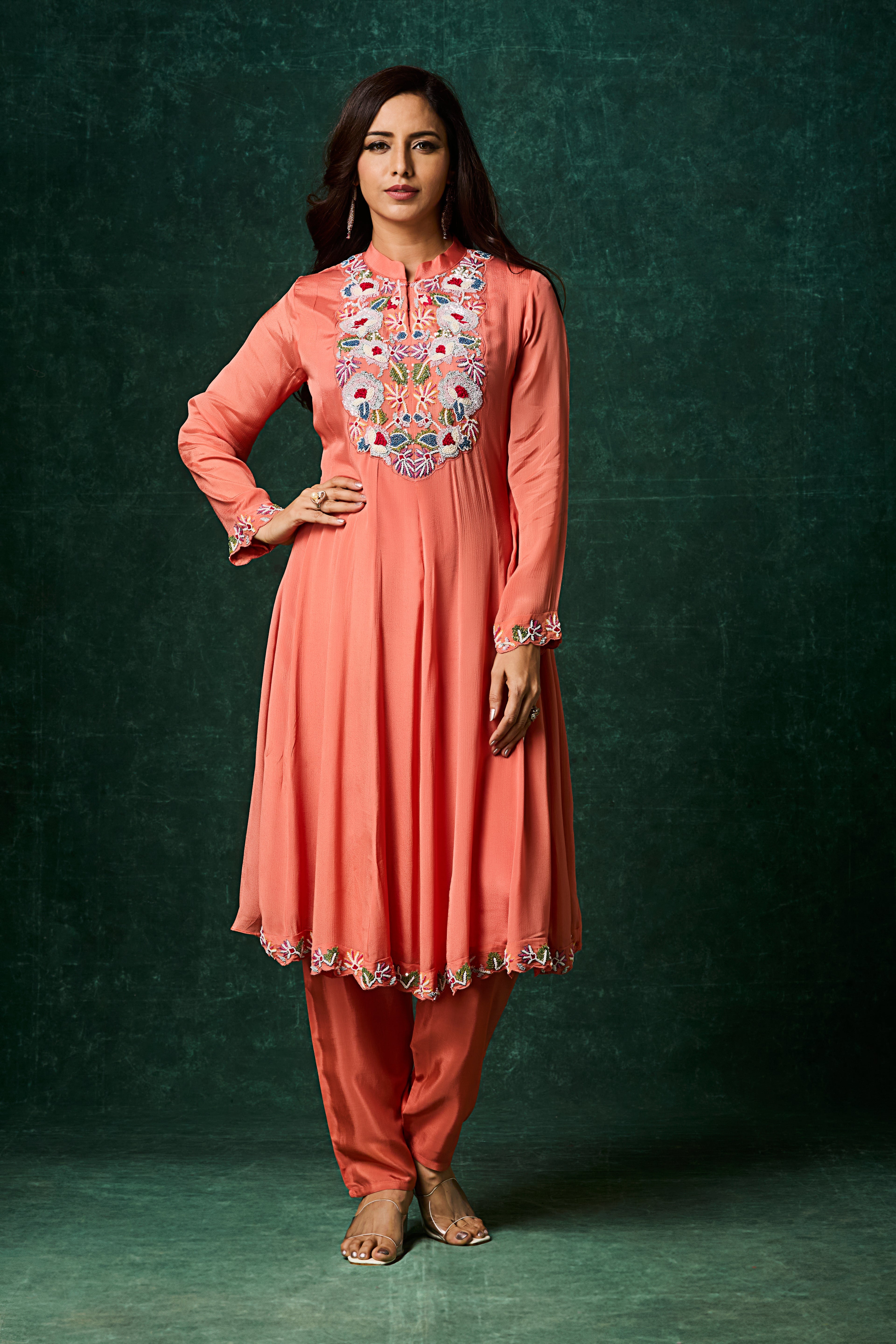 Peach Embellished Chinon Silk Anarkali Set