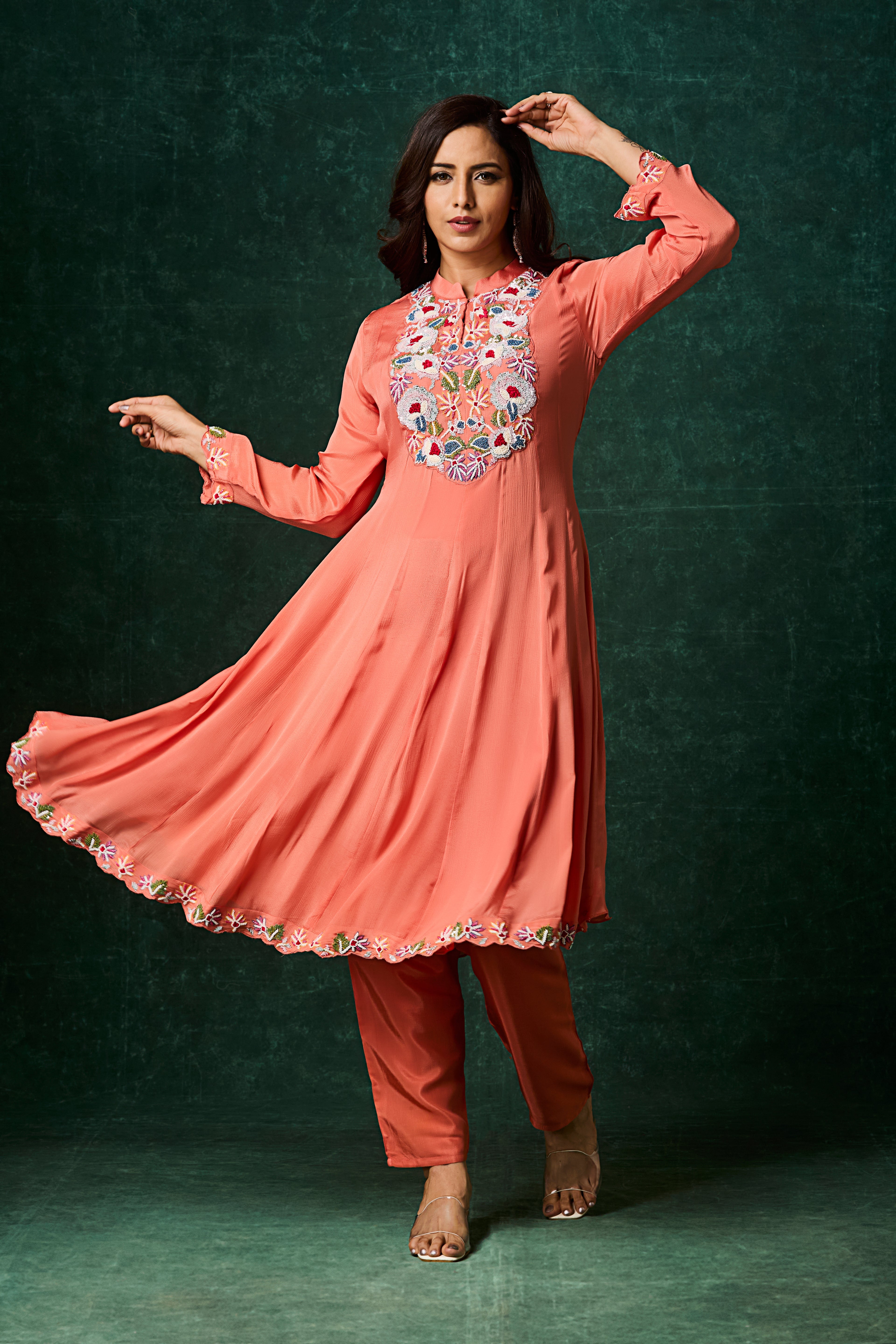 Peach Embellished Chinon Silk Anarkali Set