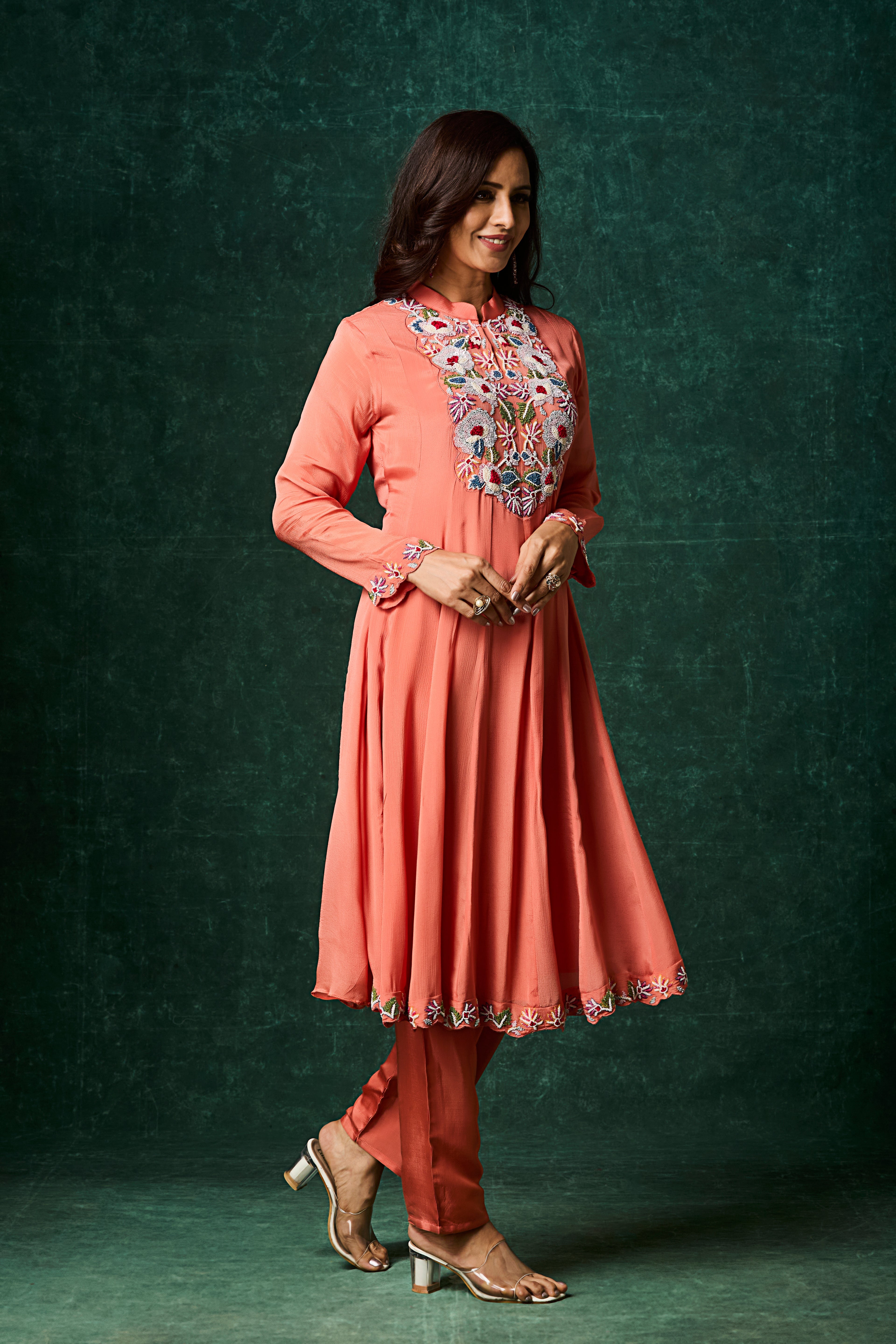 Peach Embellished Chinon Silk Anarkali Set