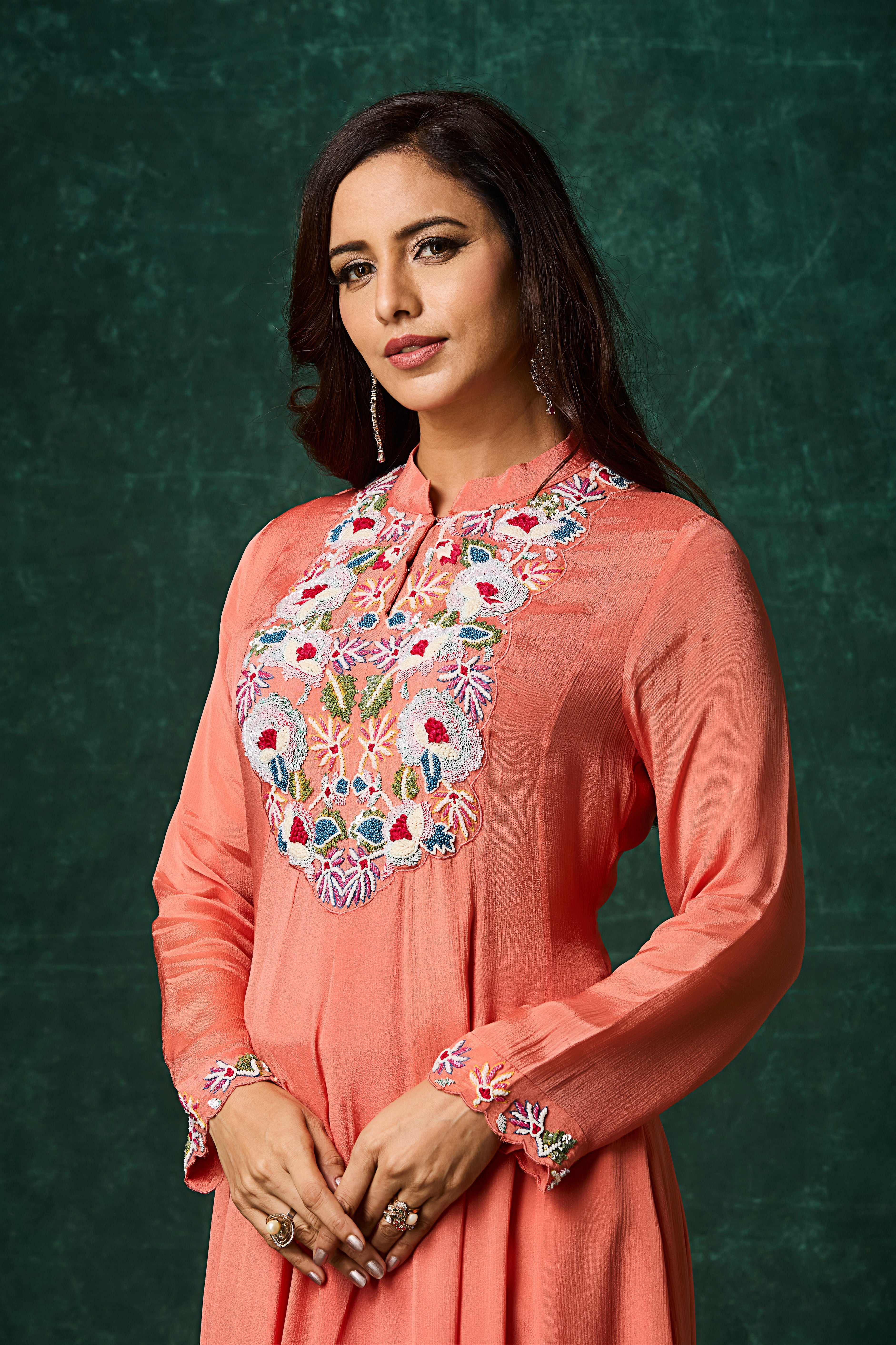 Peach Embellished Chinon Silk Anarkali Set