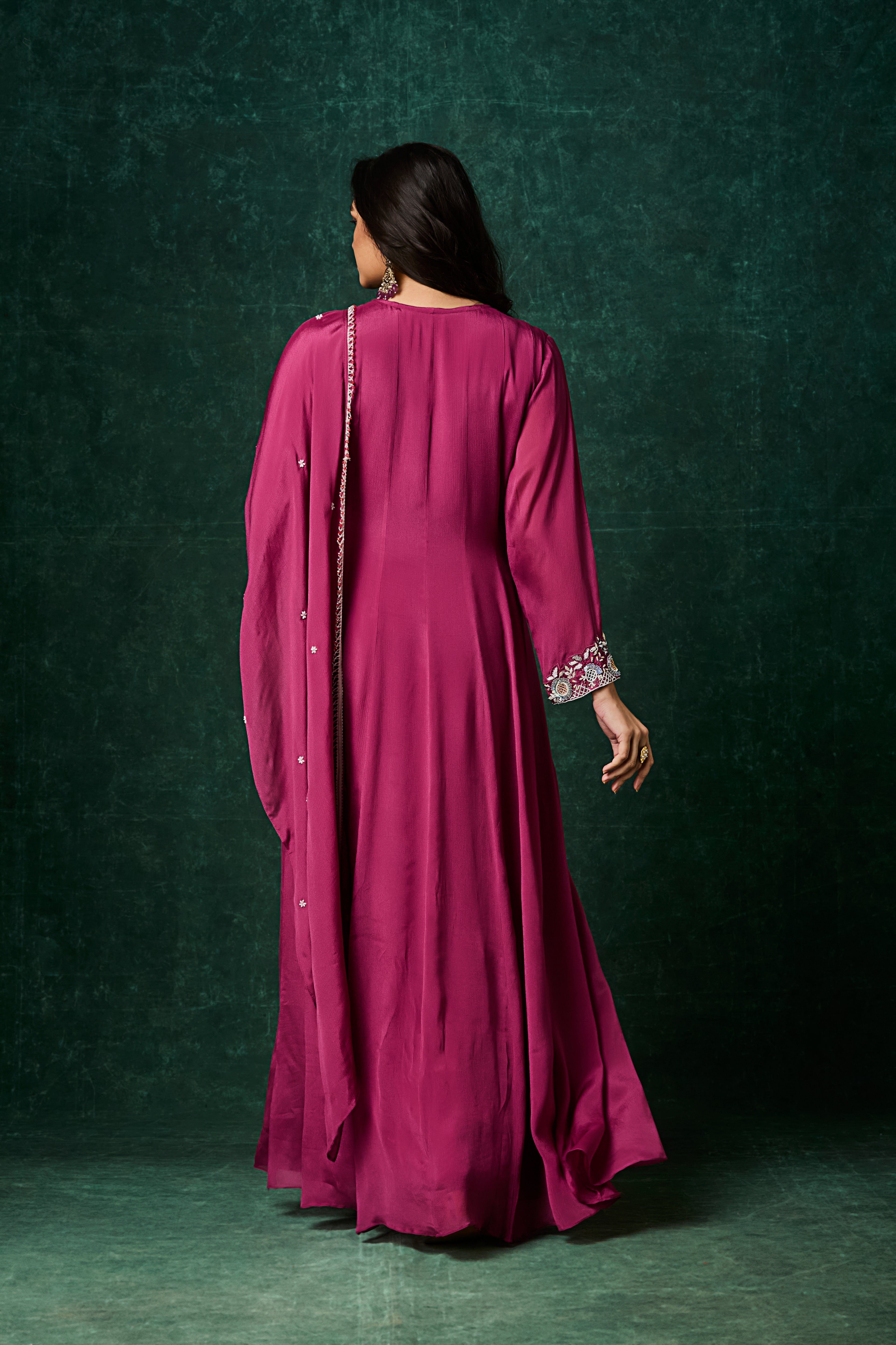 Pinkish Purple Embellished Chinon Silk Anarkali Set