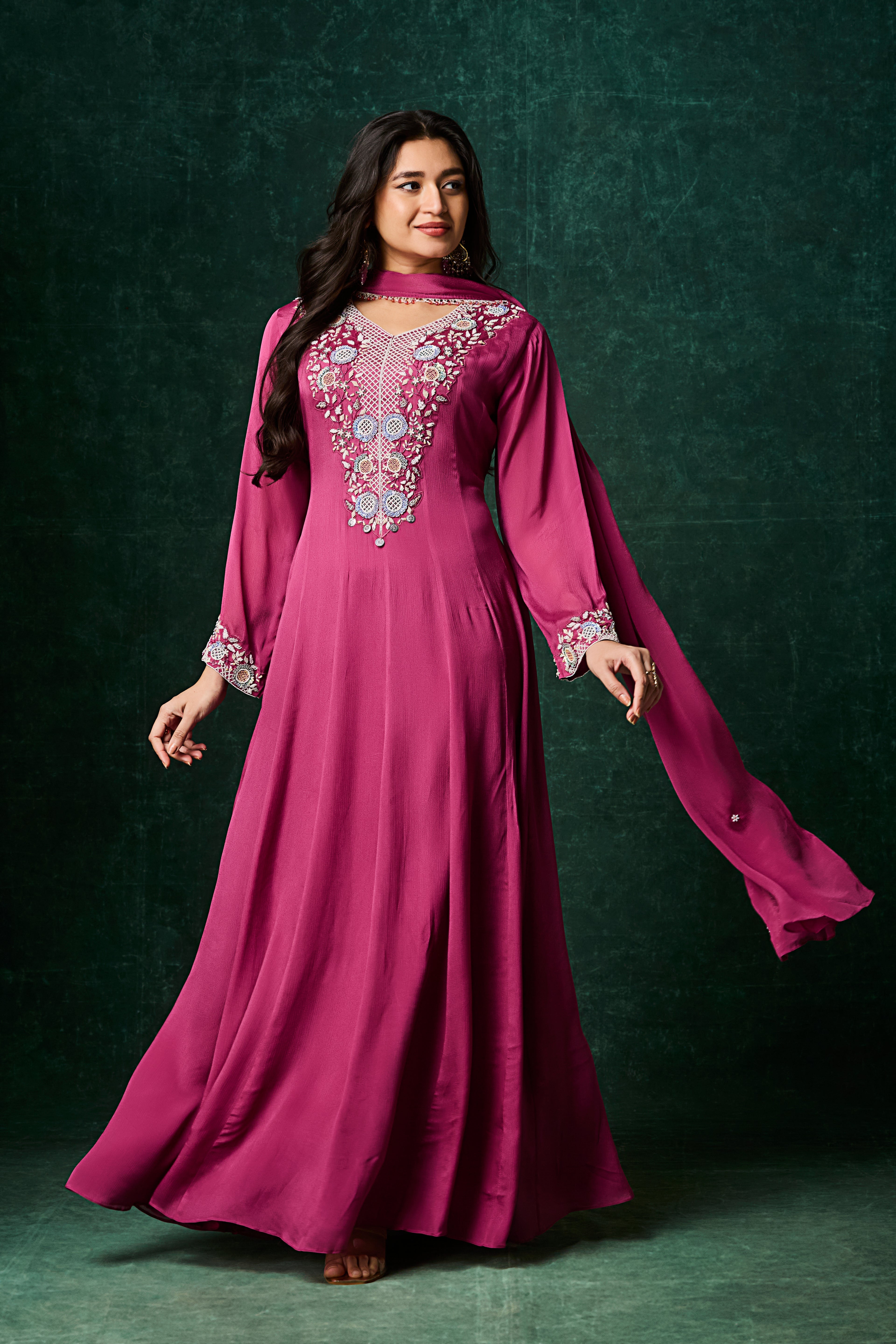 Pinkish Purple Embellished Chinon Silk Anarkali Set