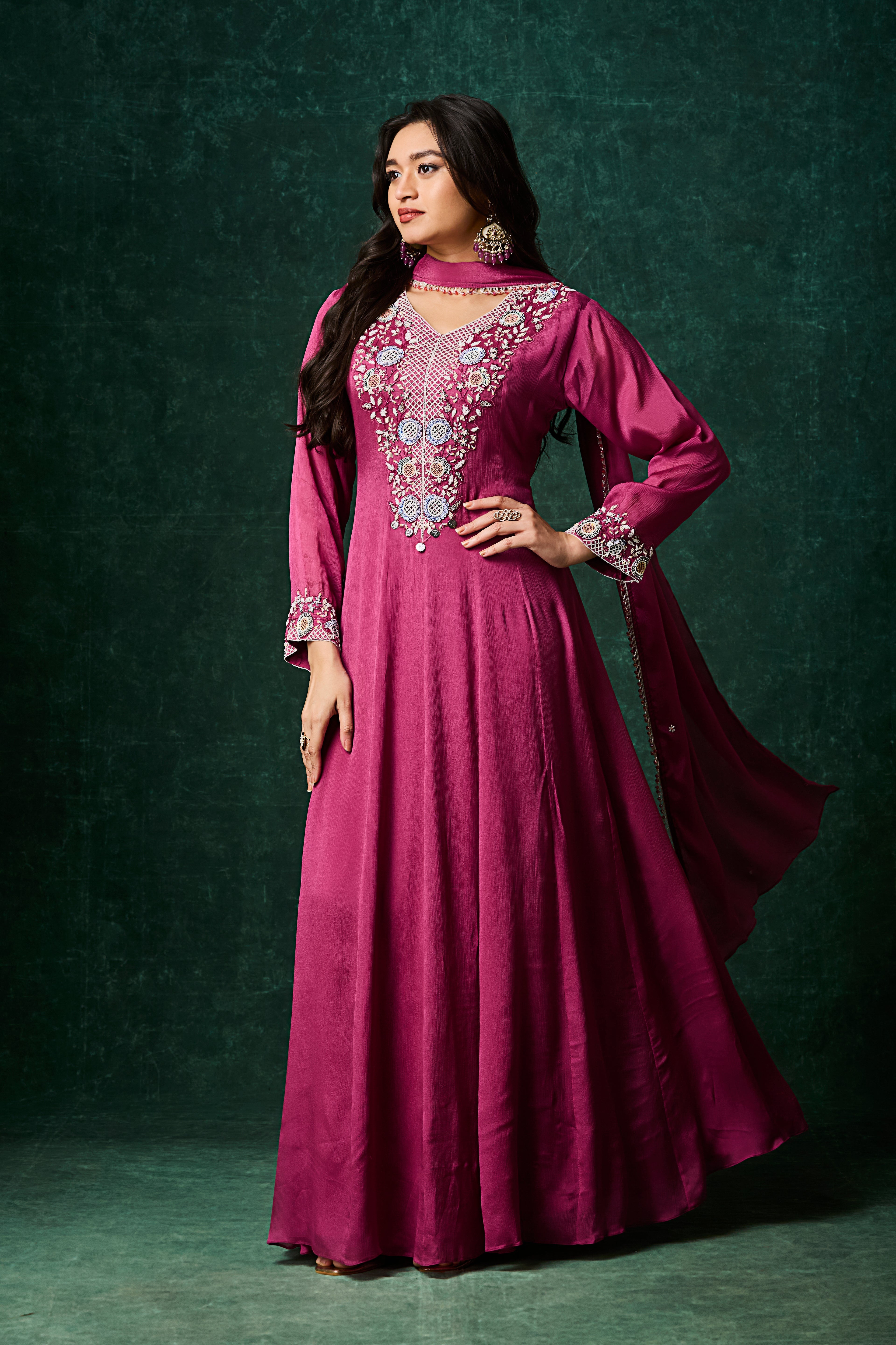 Pinkish Purple Embellished Chinon Silk Anarkali Set