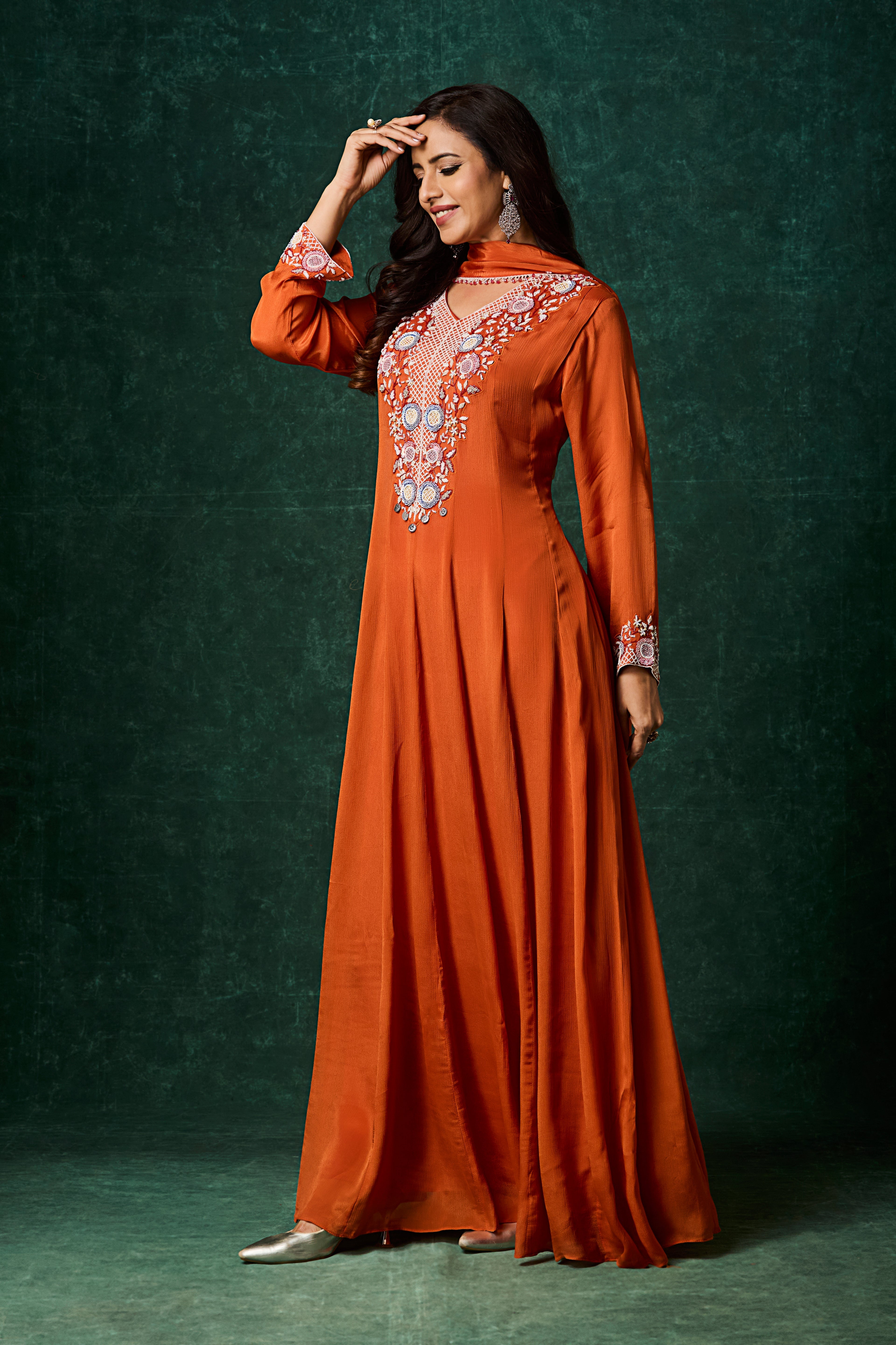 Deep Orange Embellished Chinon Silk Anarkali Set