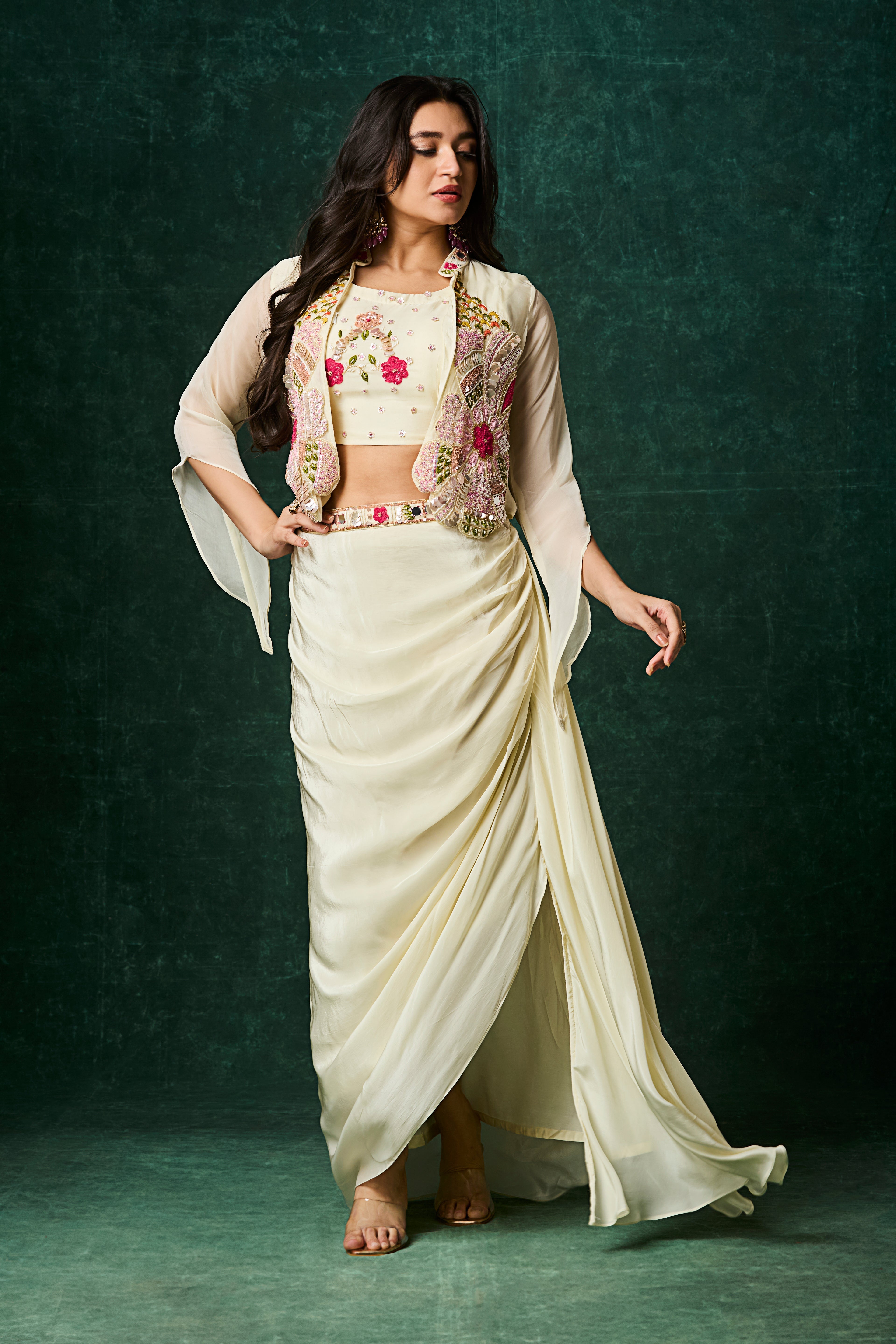 Ivory Embellished Crepe Silk Skirt Set