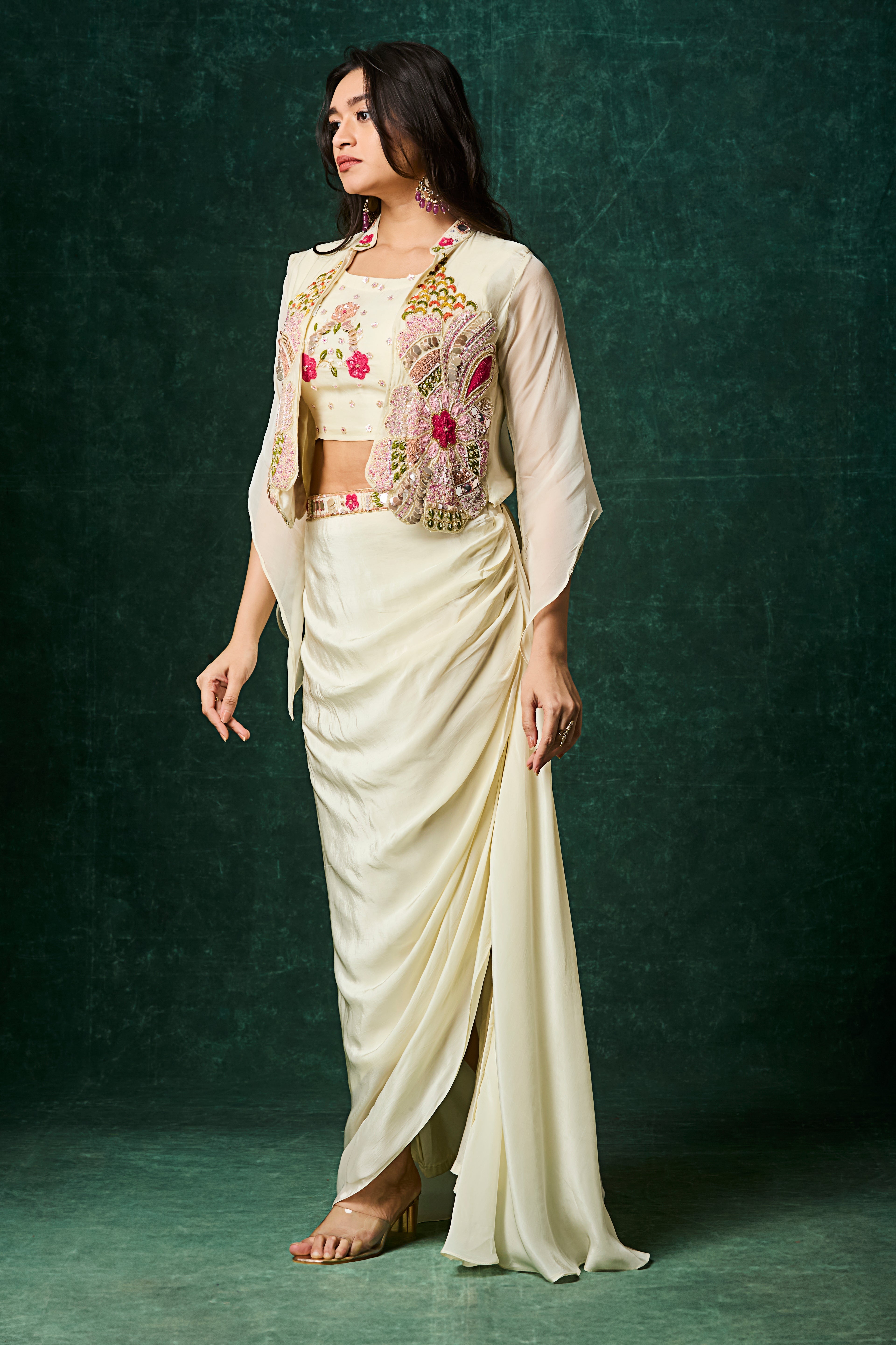 Ivory Embellished Crepe Silk Skirt Set