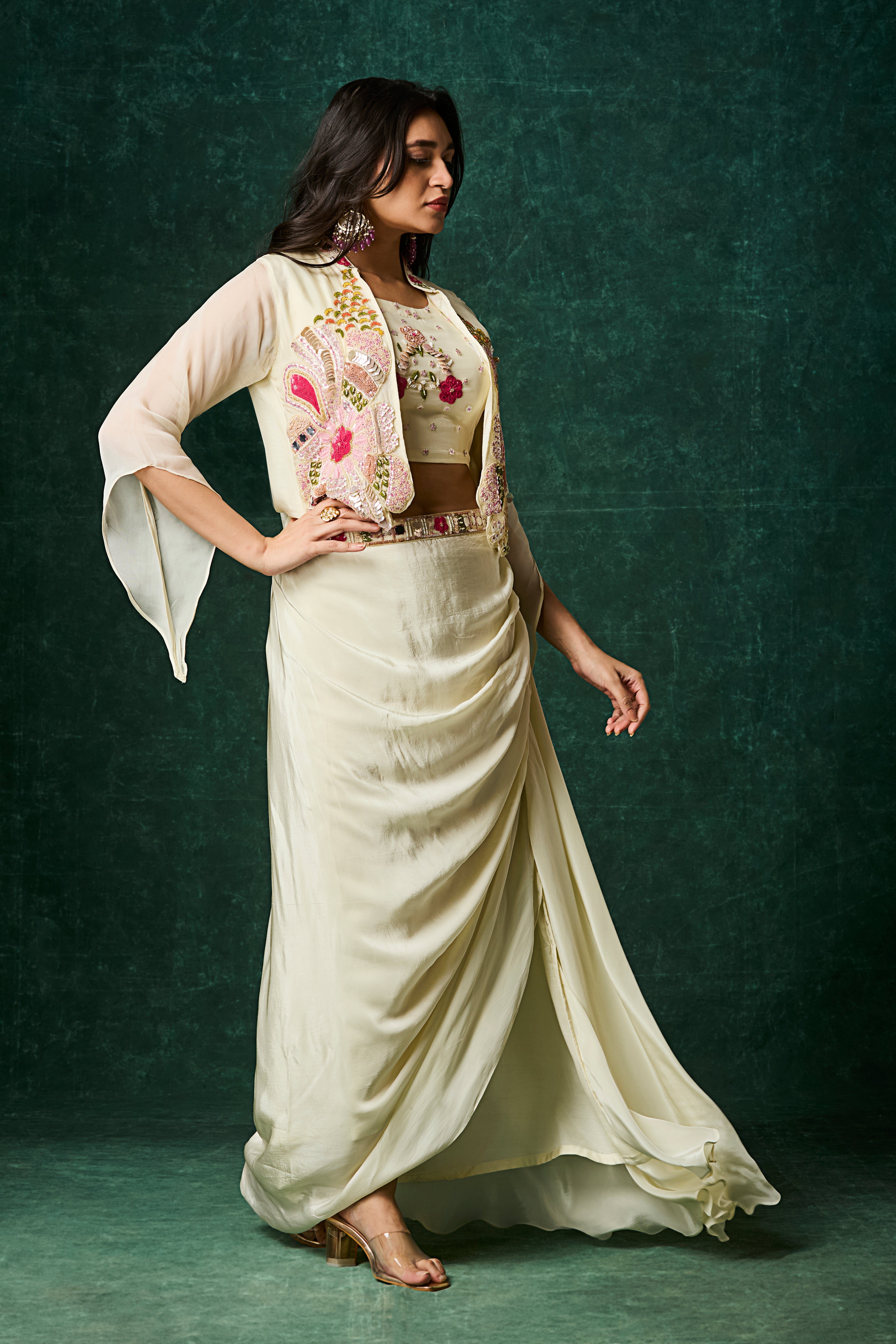 Ivory Embellished Crepe Silk Skirt Set