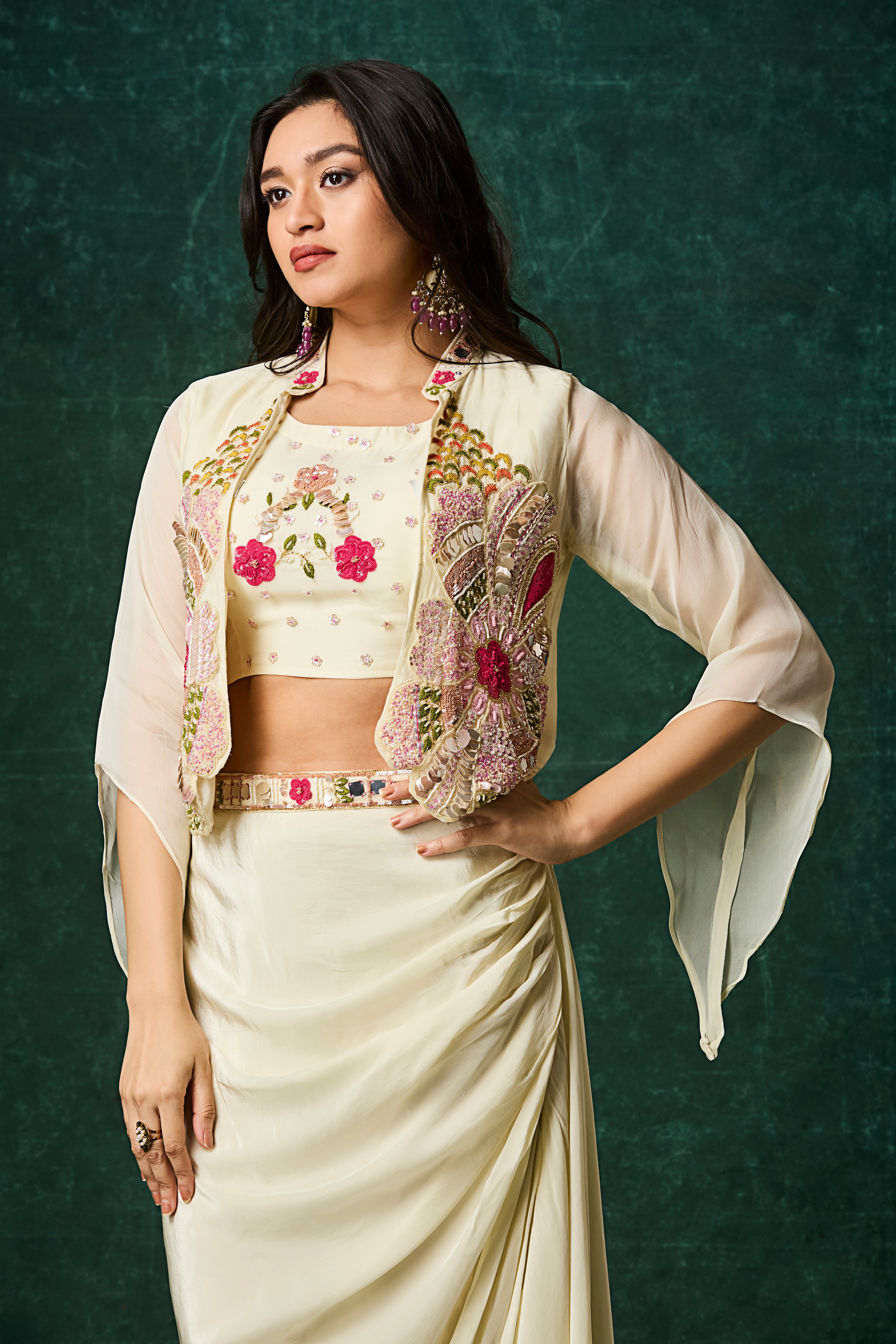 Ivory Embellished Crepe Silk Skirt Set