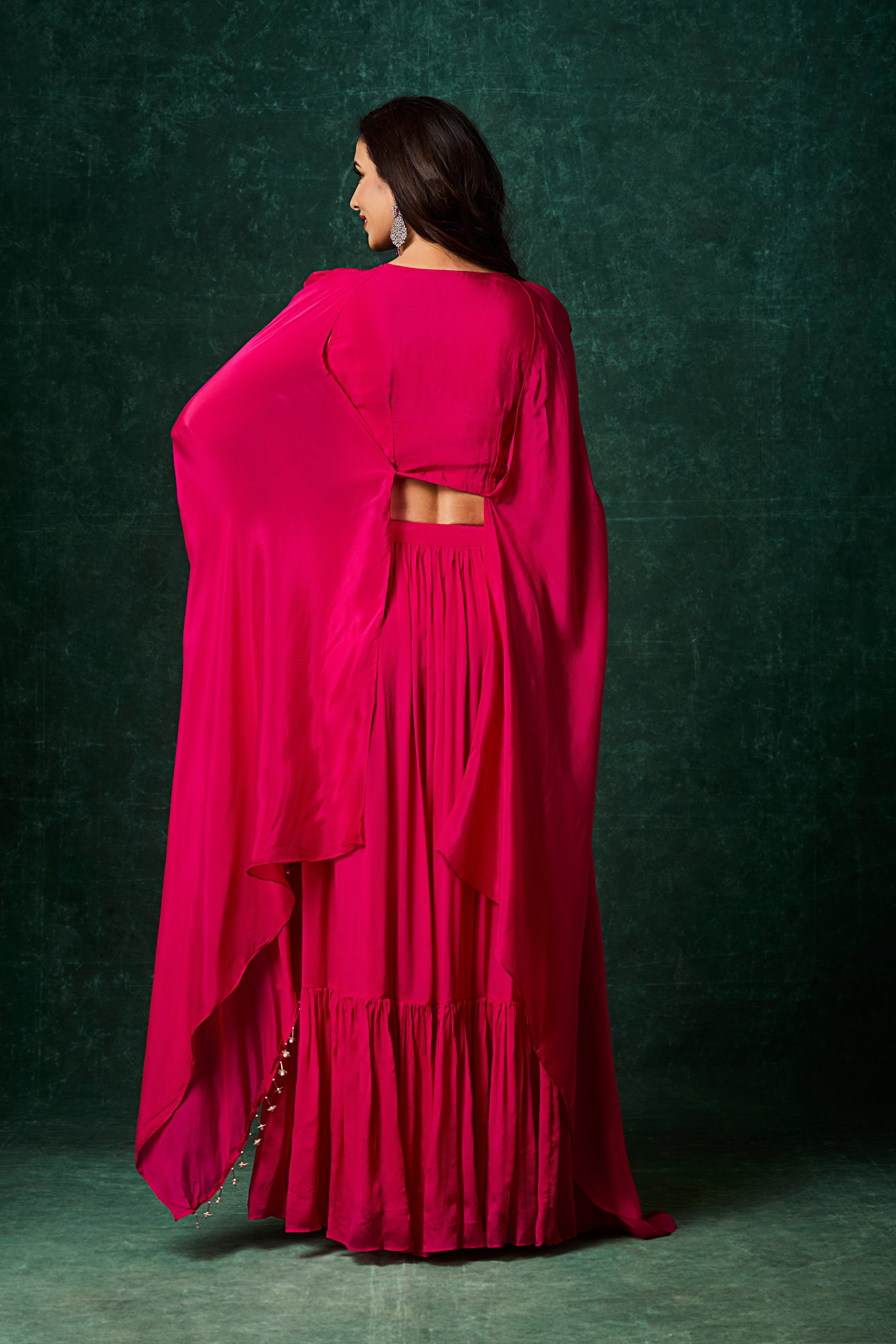 Rani Pink Embellished Chinon Silk Skirt Set