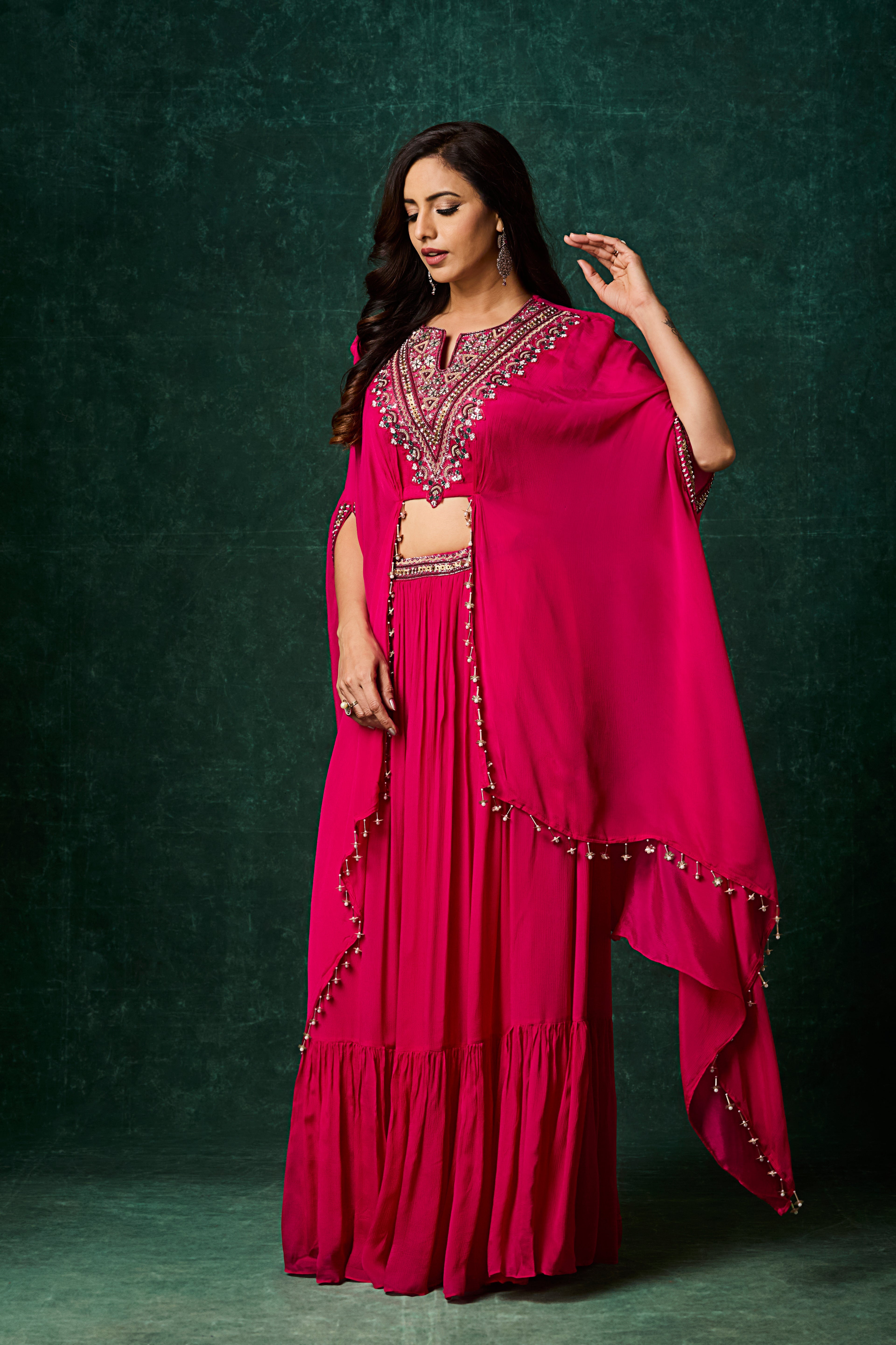 Rani Pink Embellished Chinon Silk Skirt Set