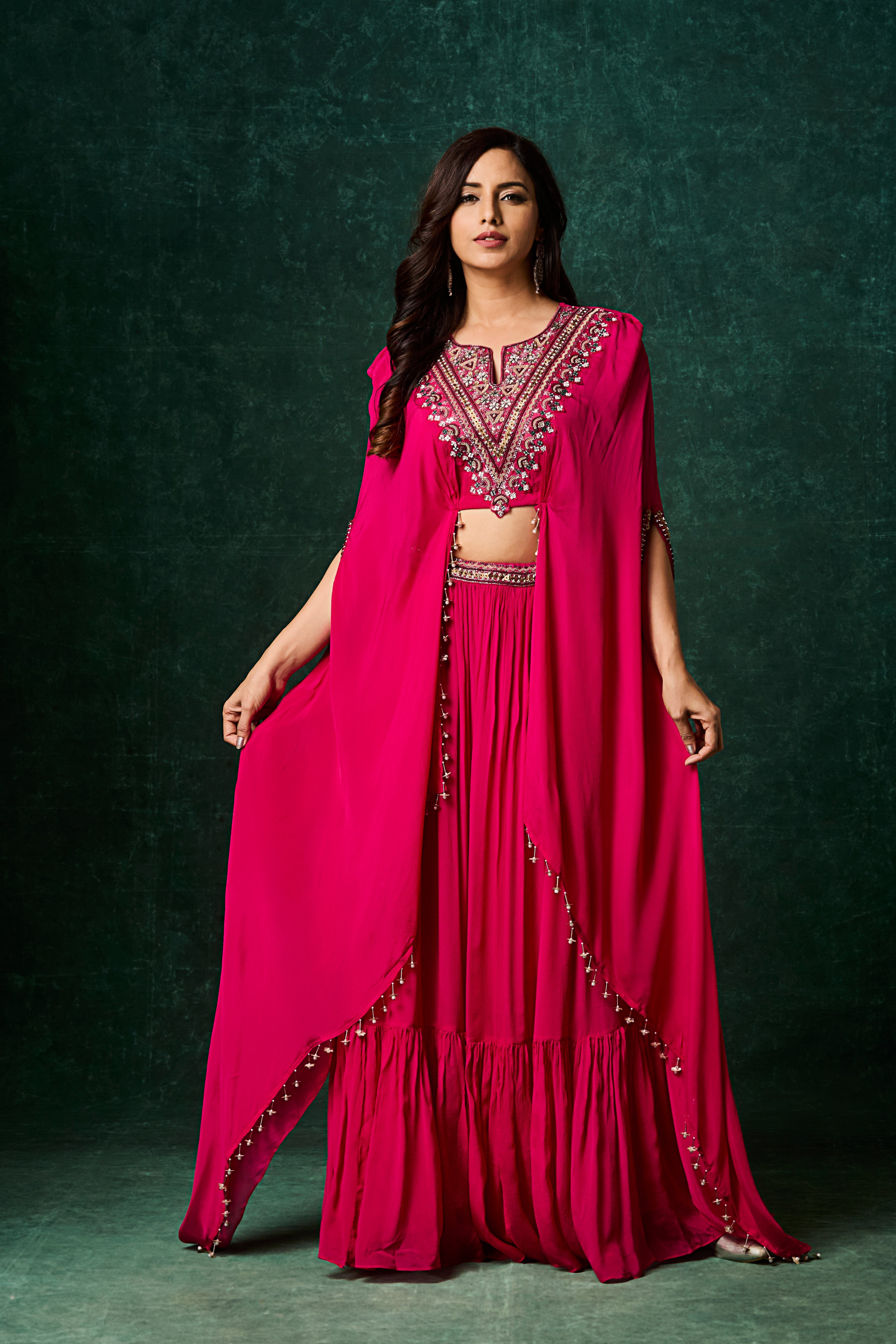 Rani Pink Embellished Chinon Silk Skirt Set