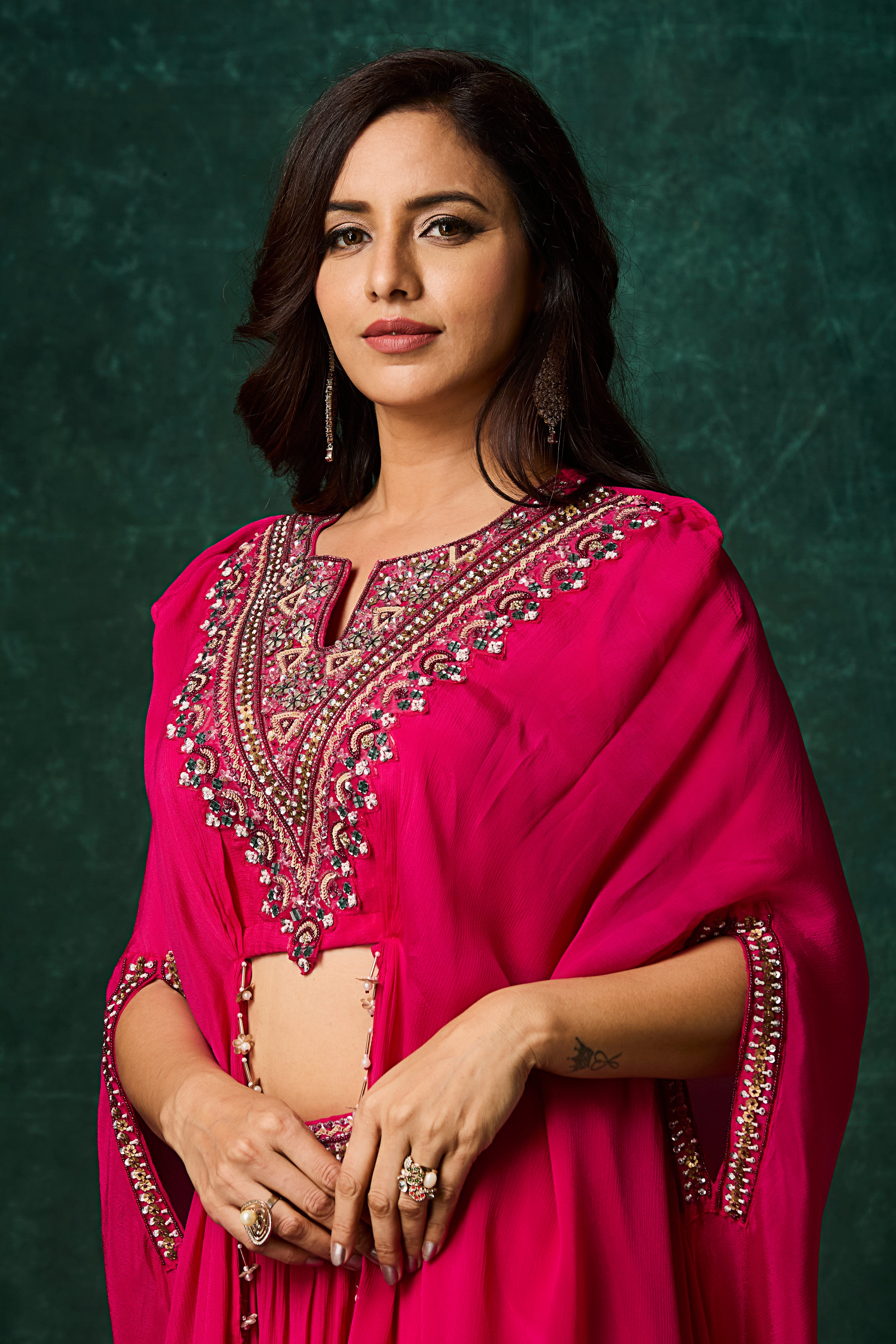 Rani Pink Embellished Chinon Silk Skirt Set