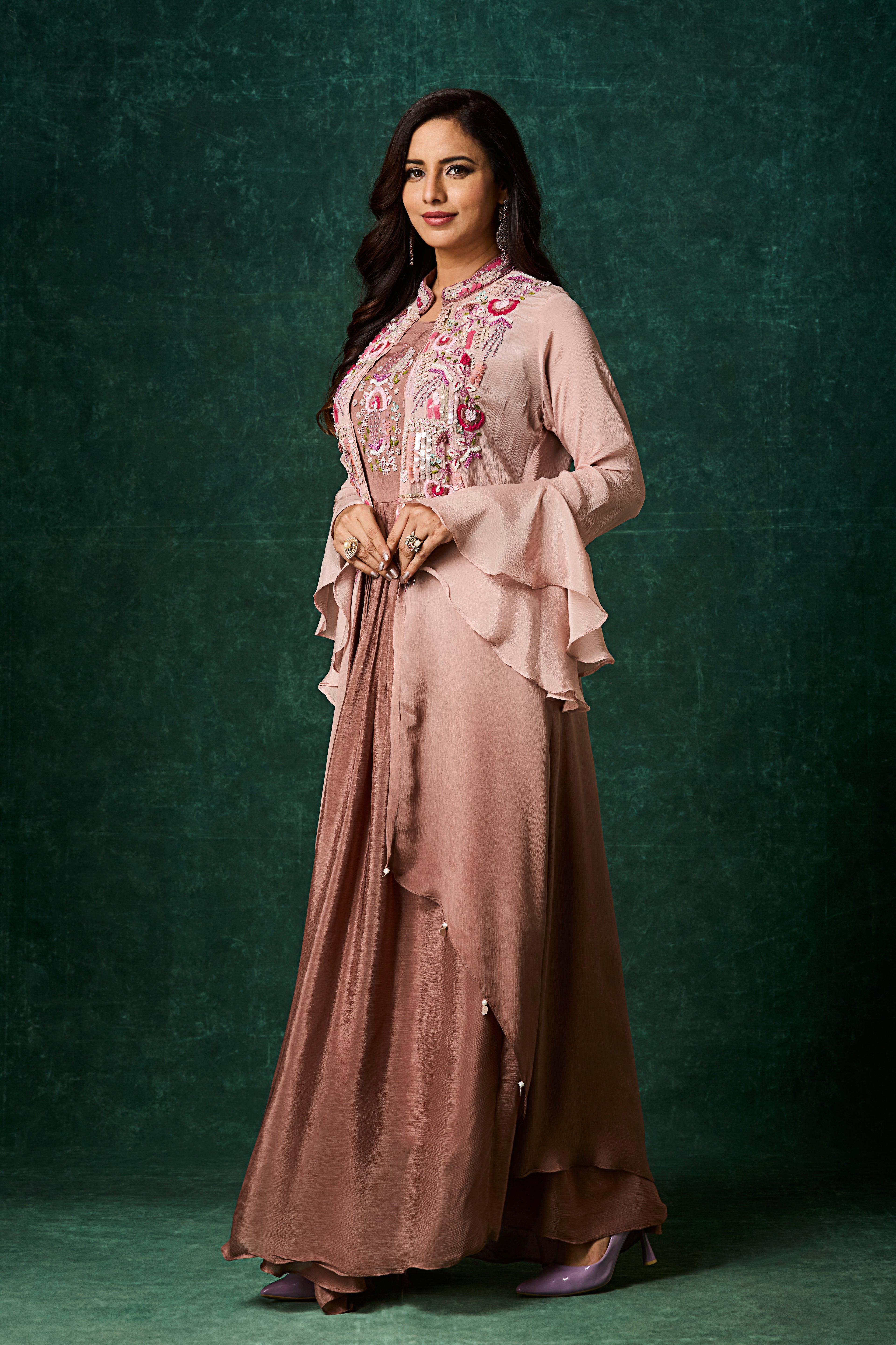 Dusty Brown Ombre Embellished Chinon Silk Gown