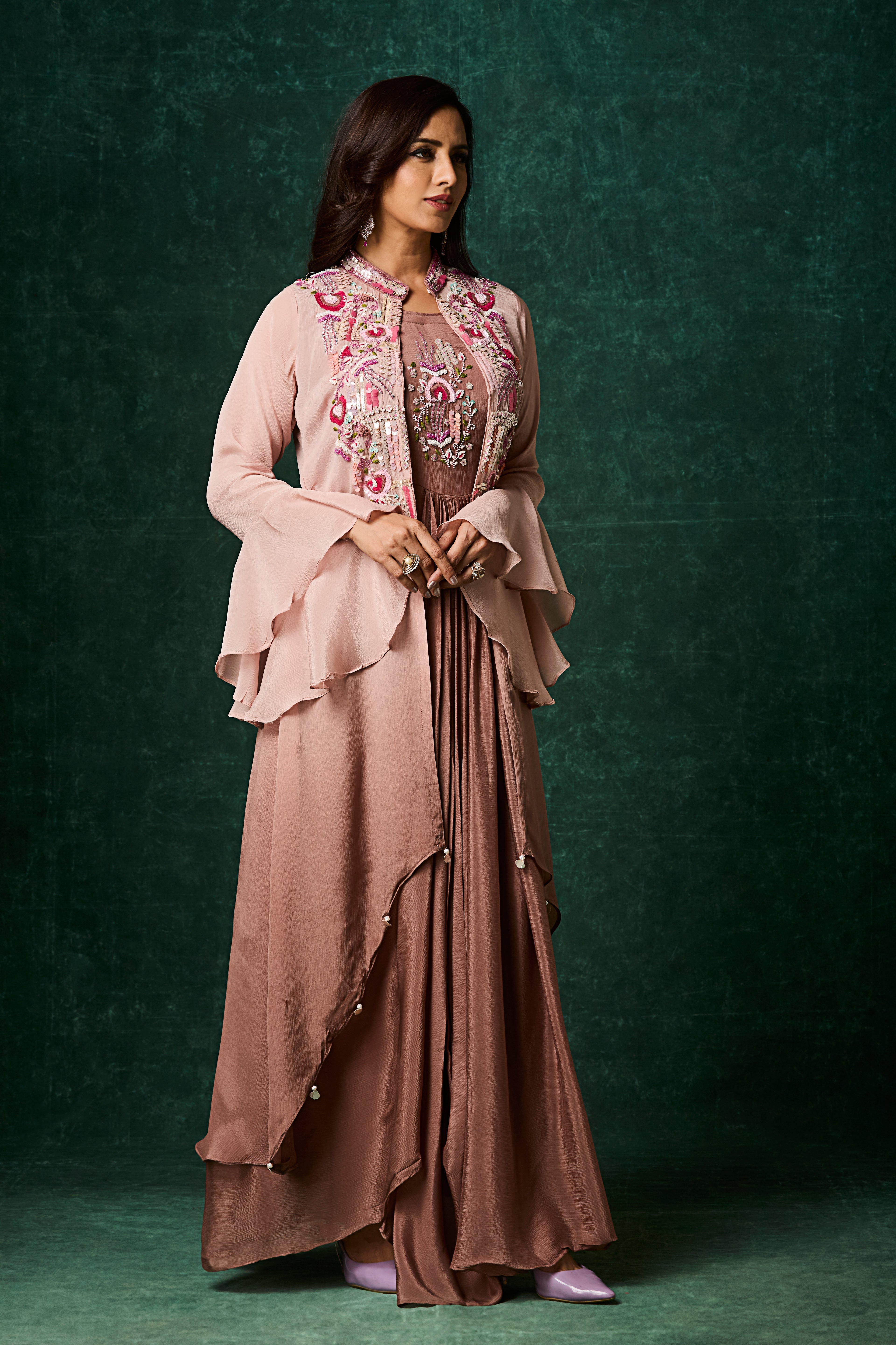 Dusty Brown Ombre Embellished Chinon Silk Gown