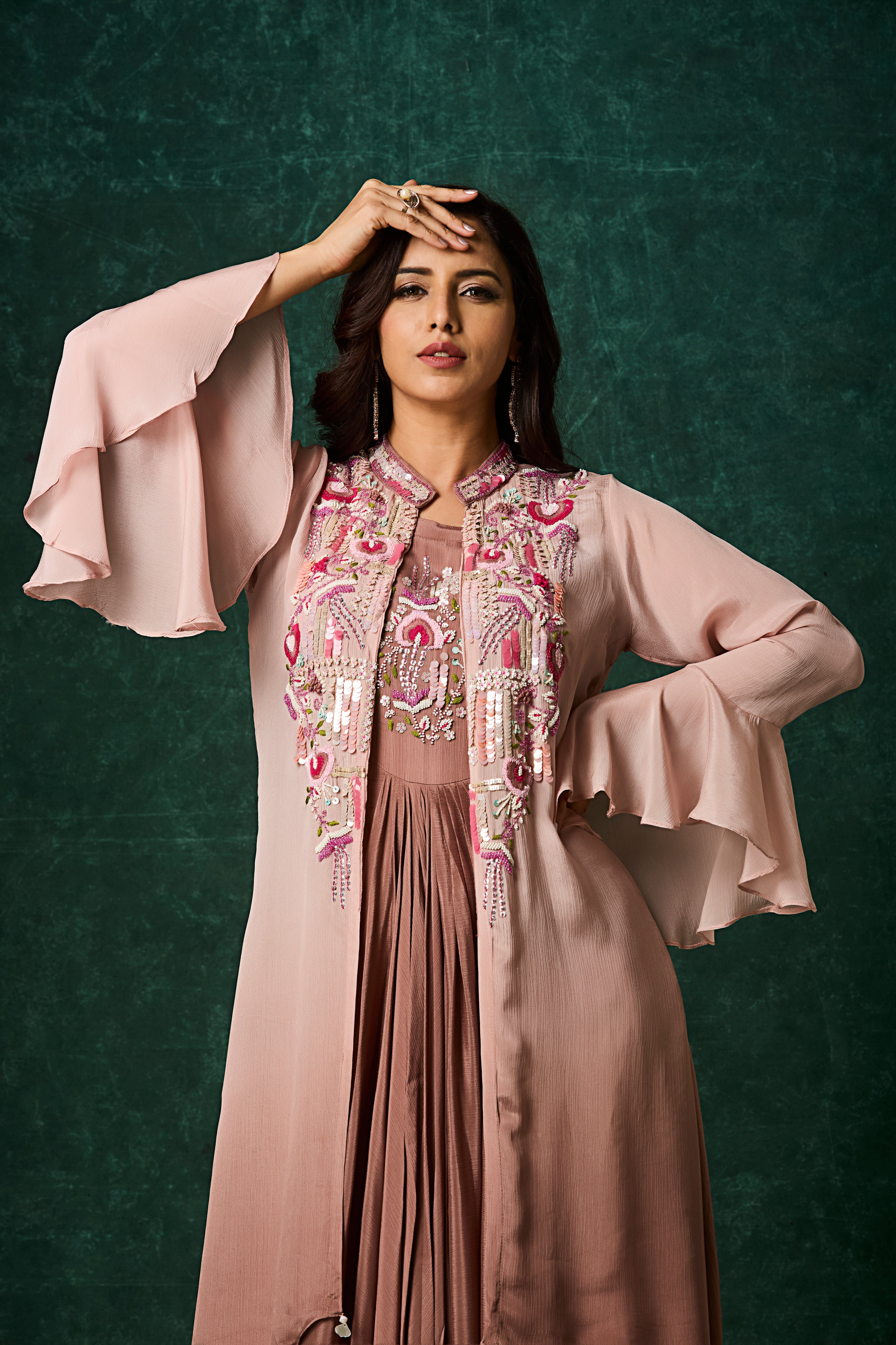 Dusty Brown Ombre Embellished Chinon Silk Gown