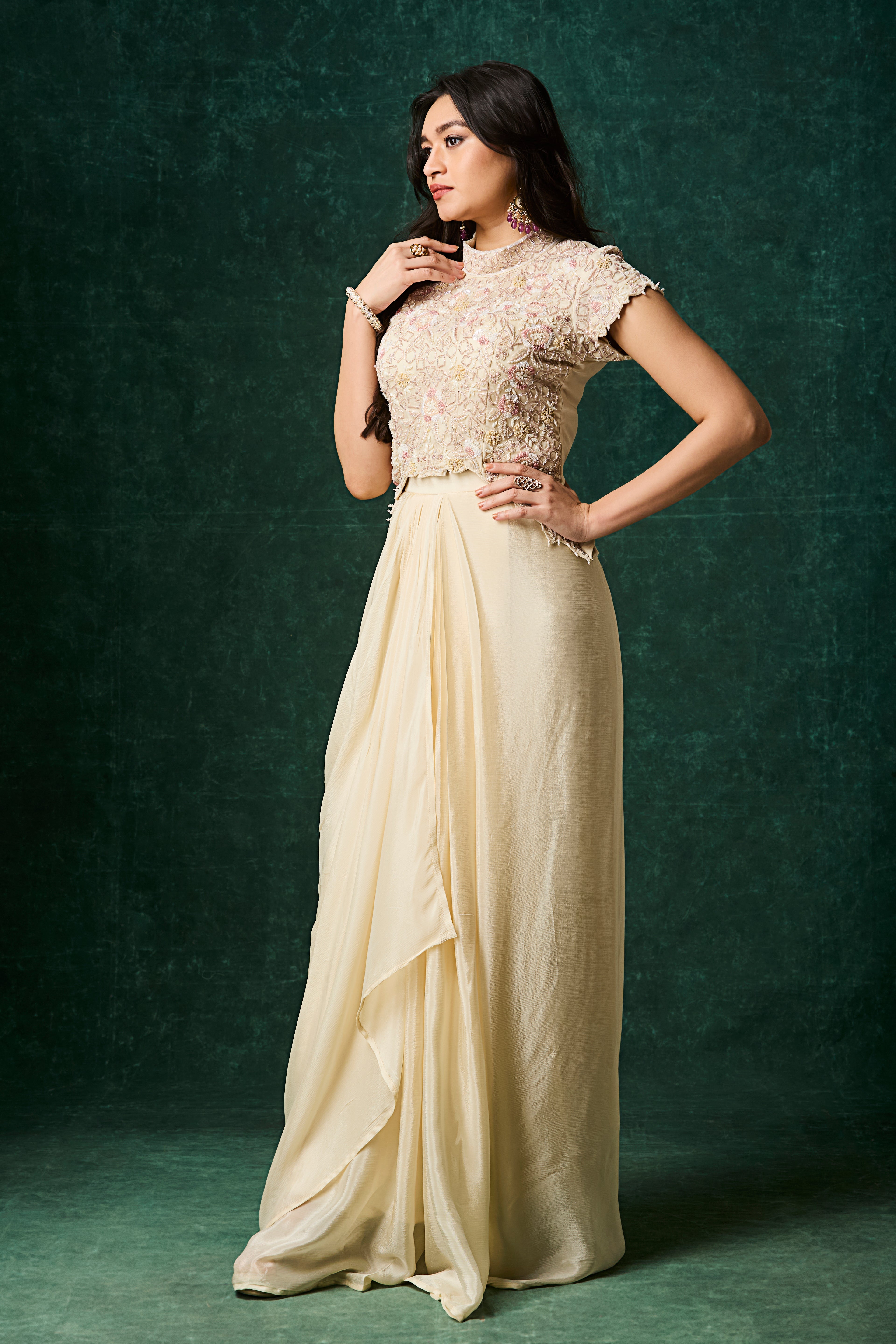 Off-White Embellished Chinon Silk Skirt Set