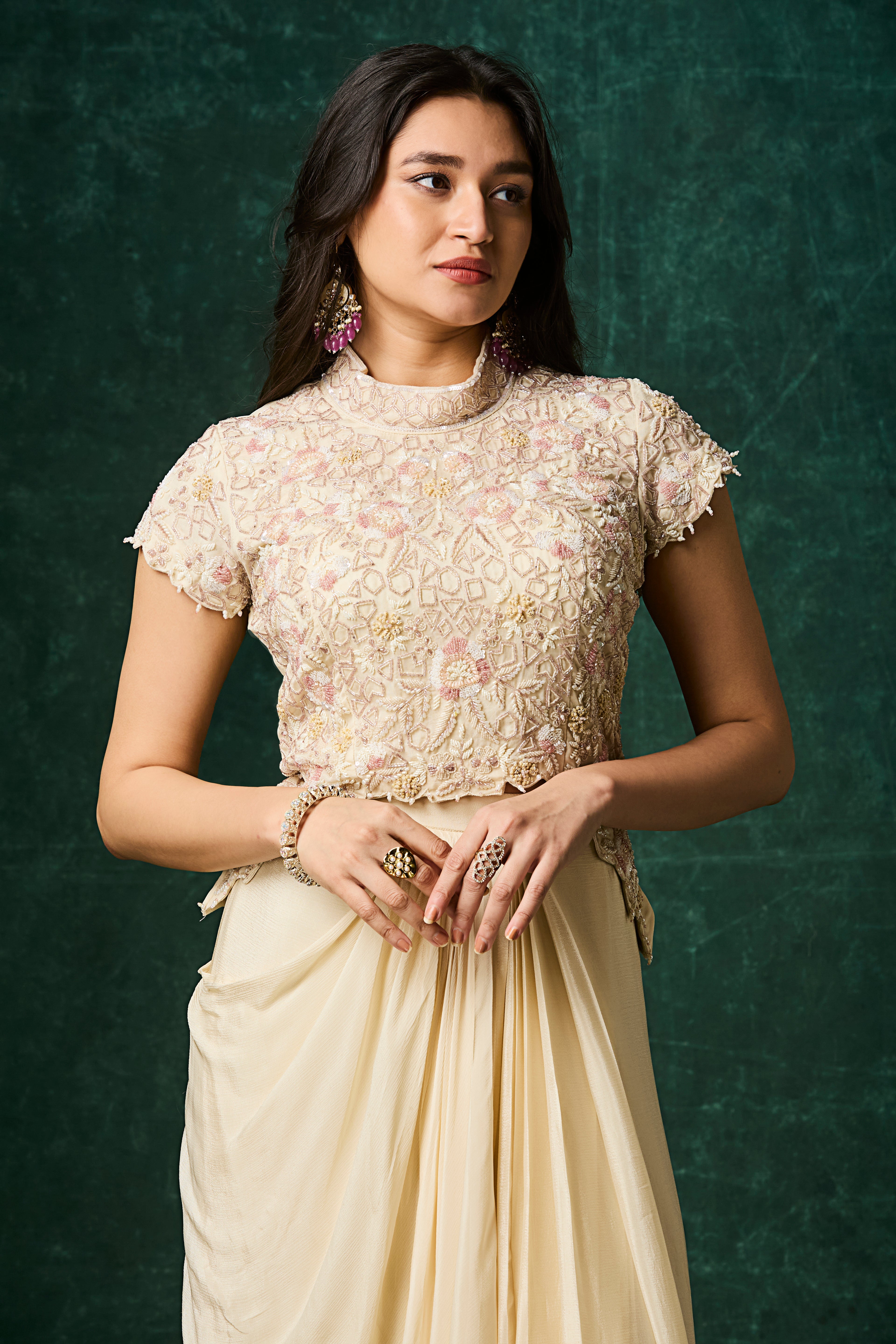 Off-White Embellished Chinon Silk Skirt Set