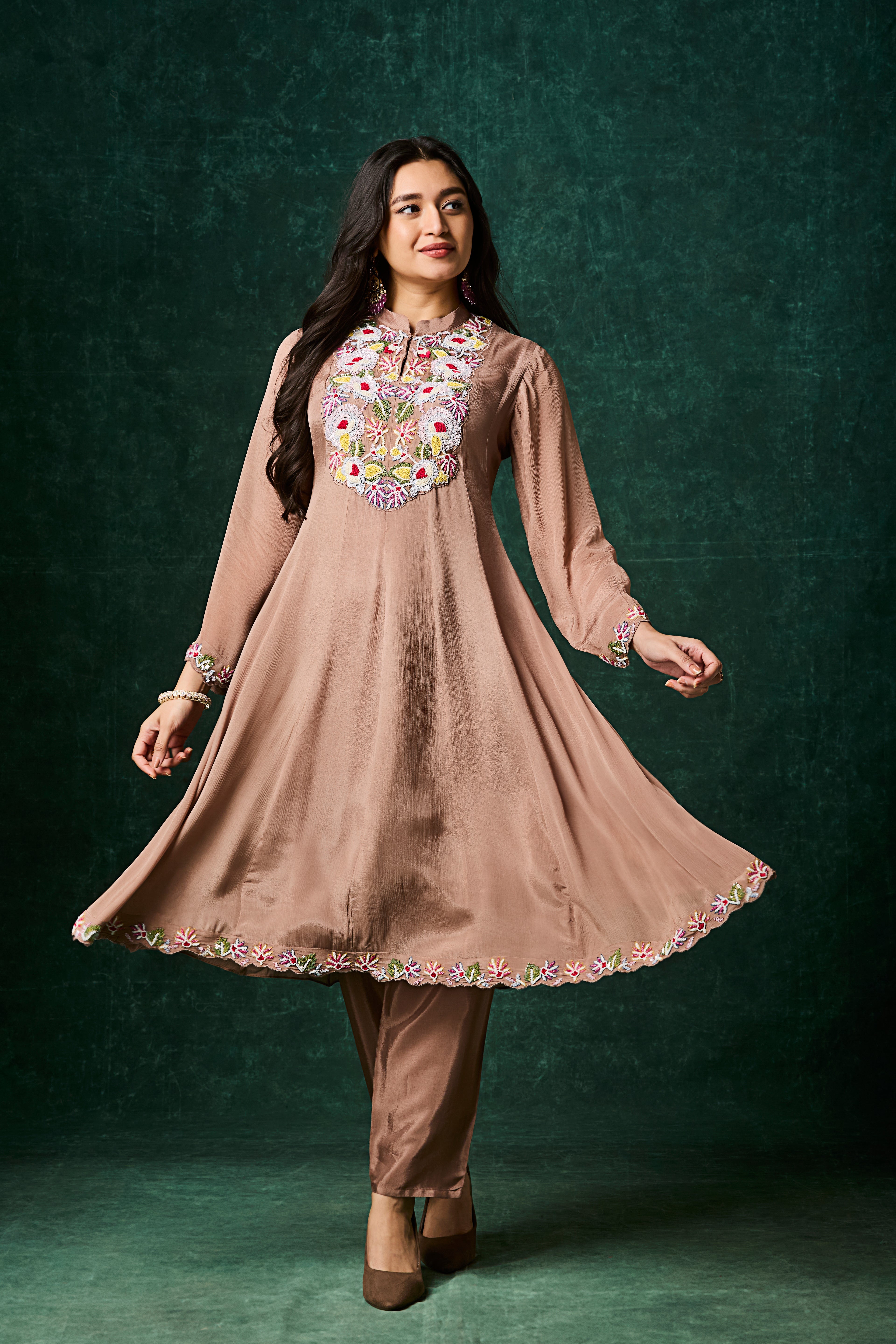 Brown Embellished Chinon Silk Anarkali Set