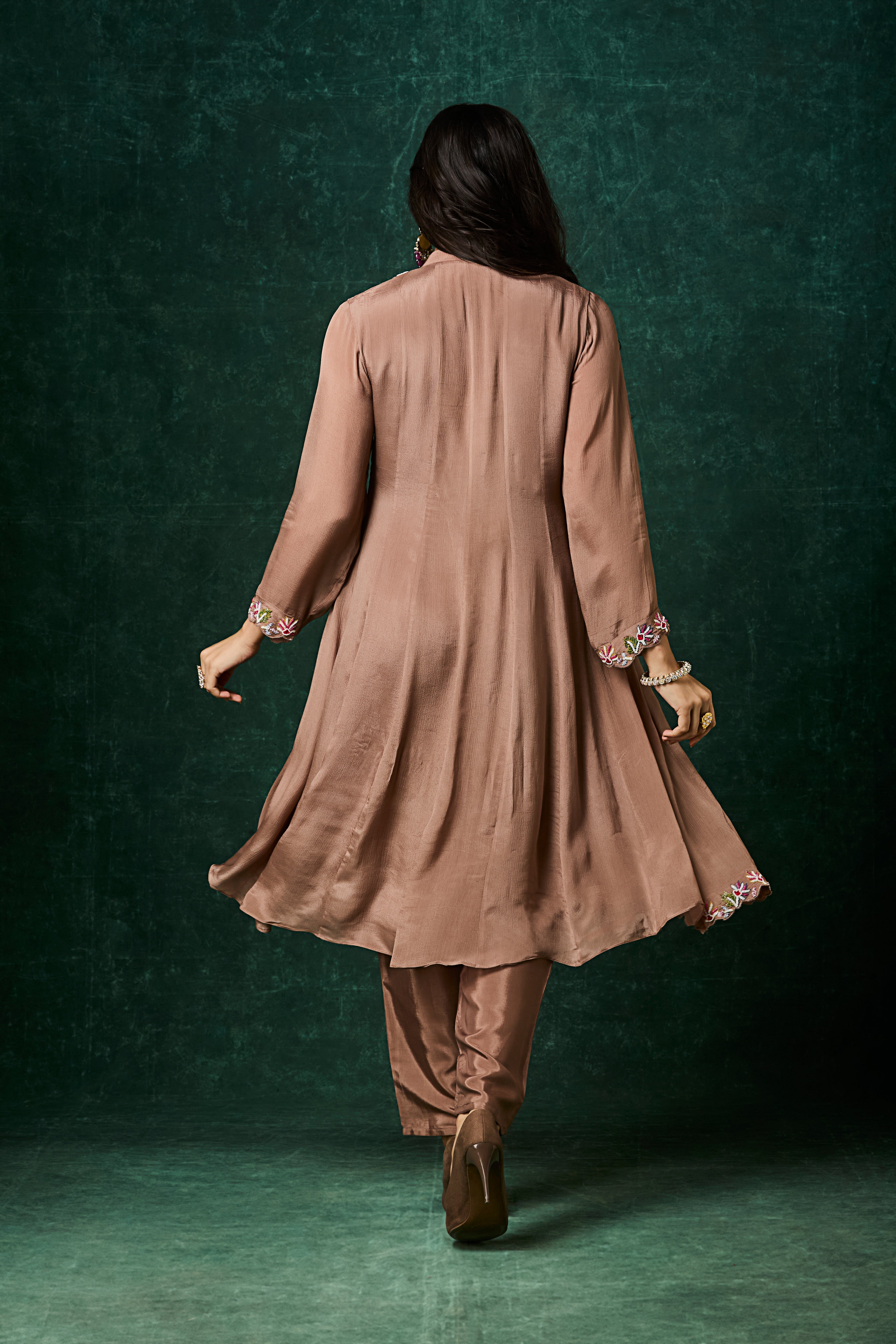 Brown Embellished Chinon Silk Anarkali Set