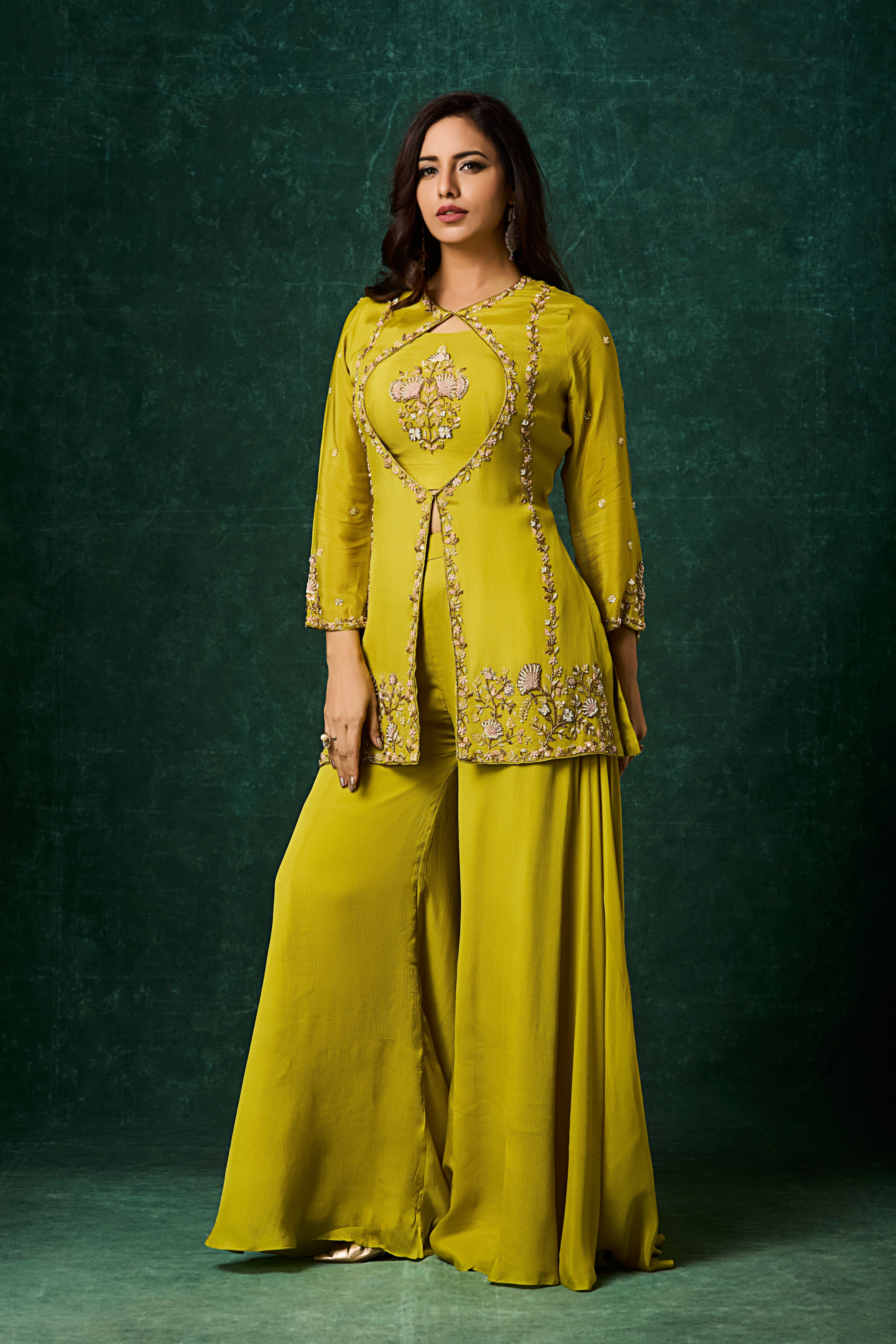 Lime Green Embellished Chinon Silk Palazzo Set