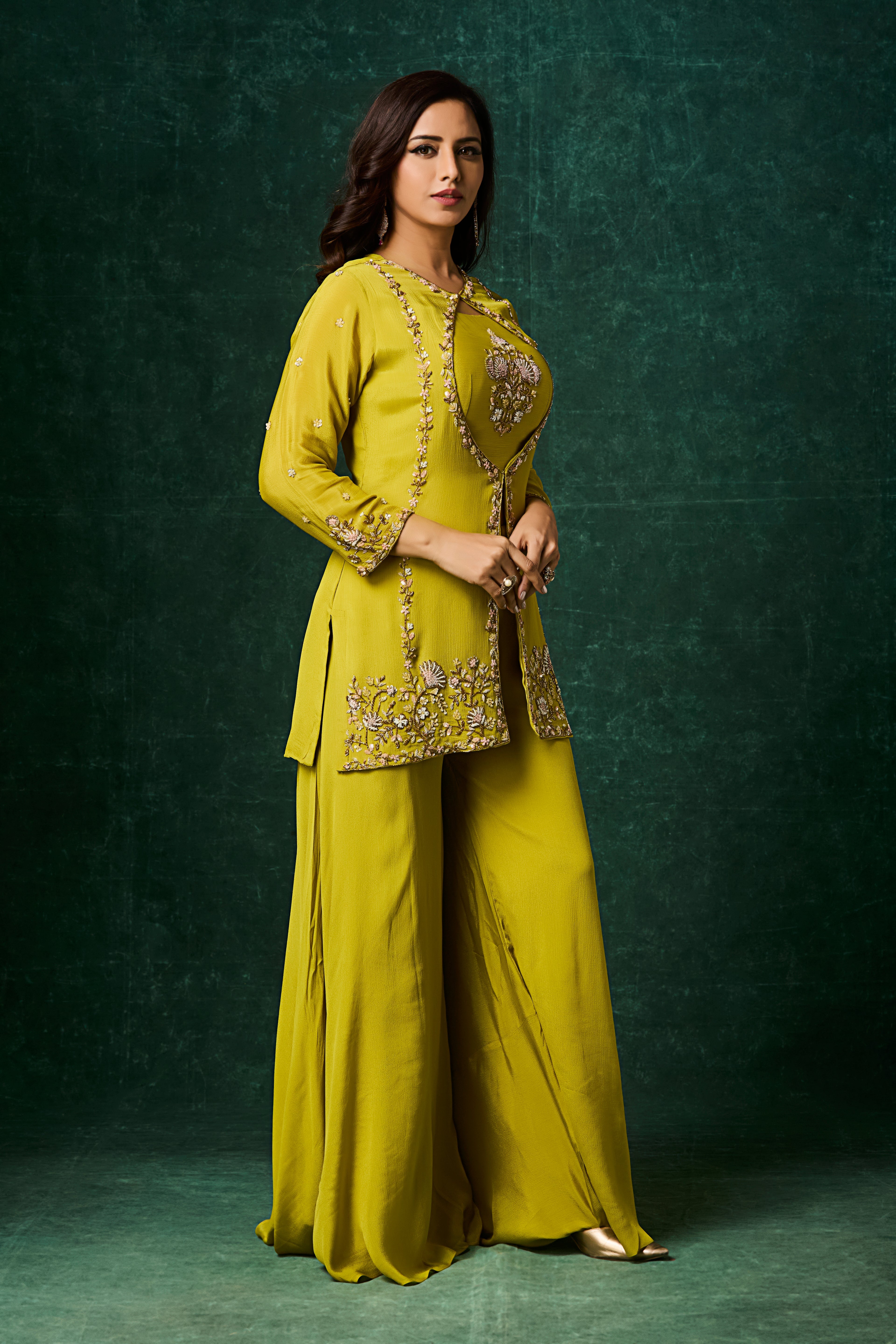 Lime Green Embellished Chinon Silk Palazzo Set