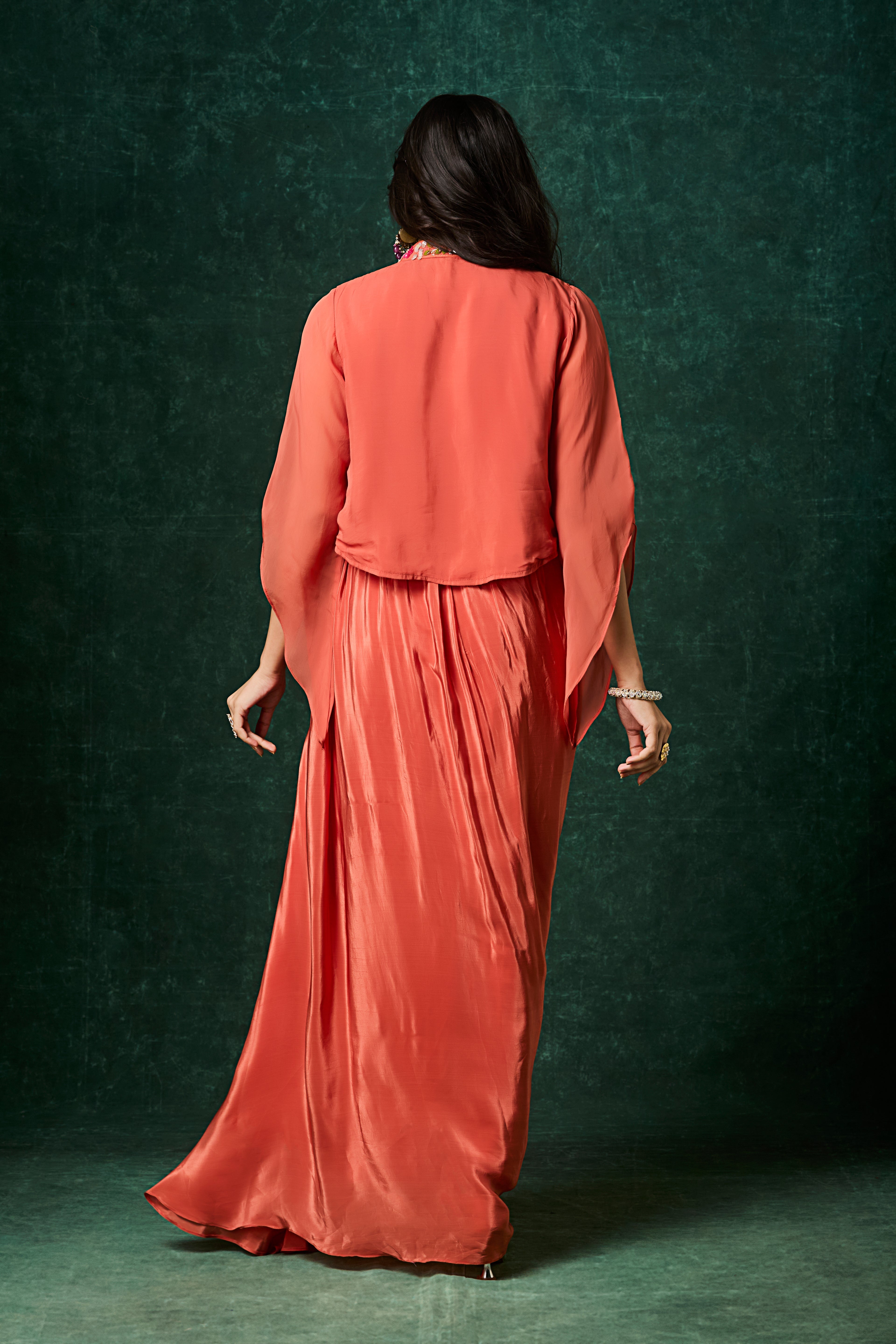 Terracotta Orange Embellished Crepe Silk Skirt Set