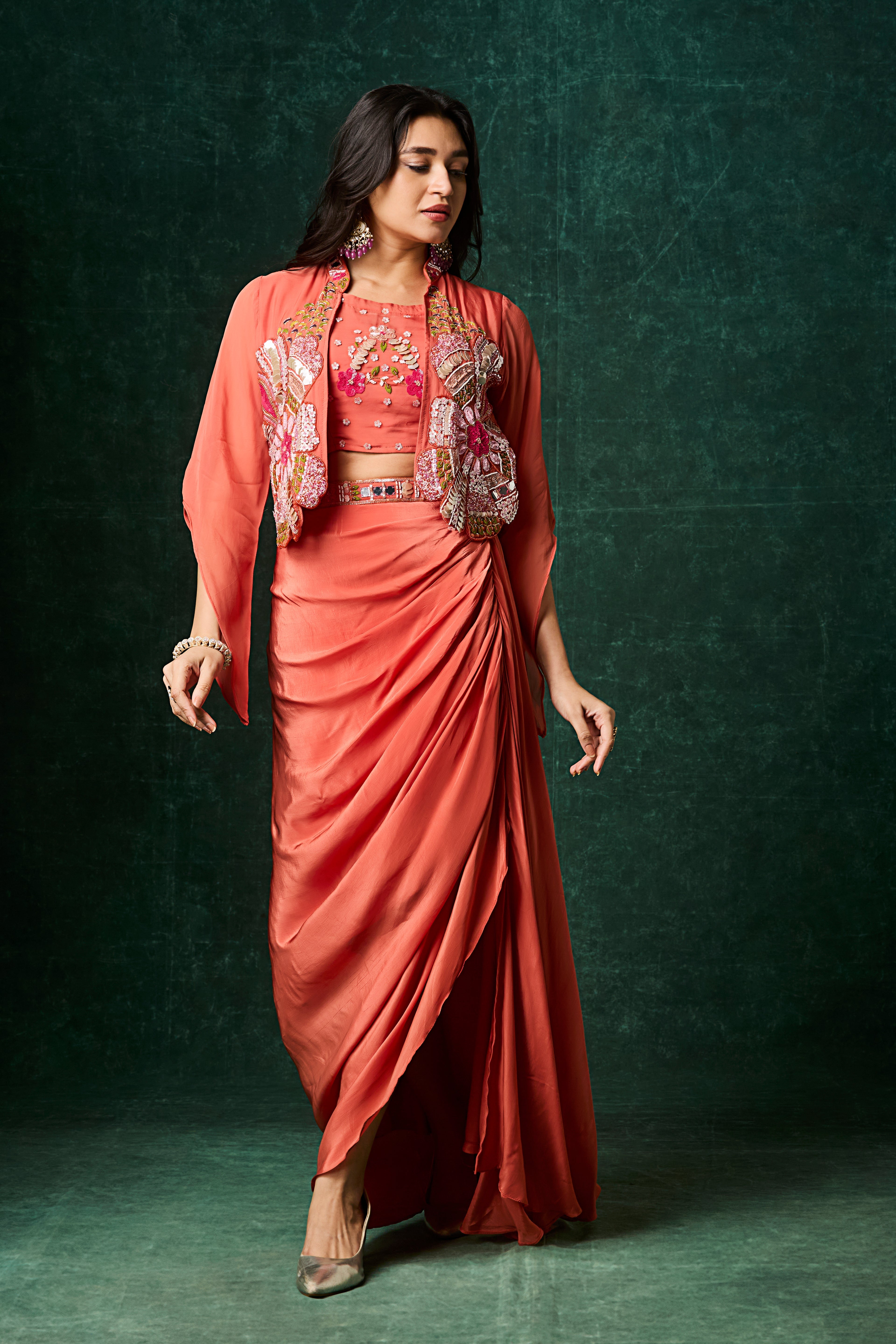 Terracotta Orange Embellished Crepe Silk Skirt Set