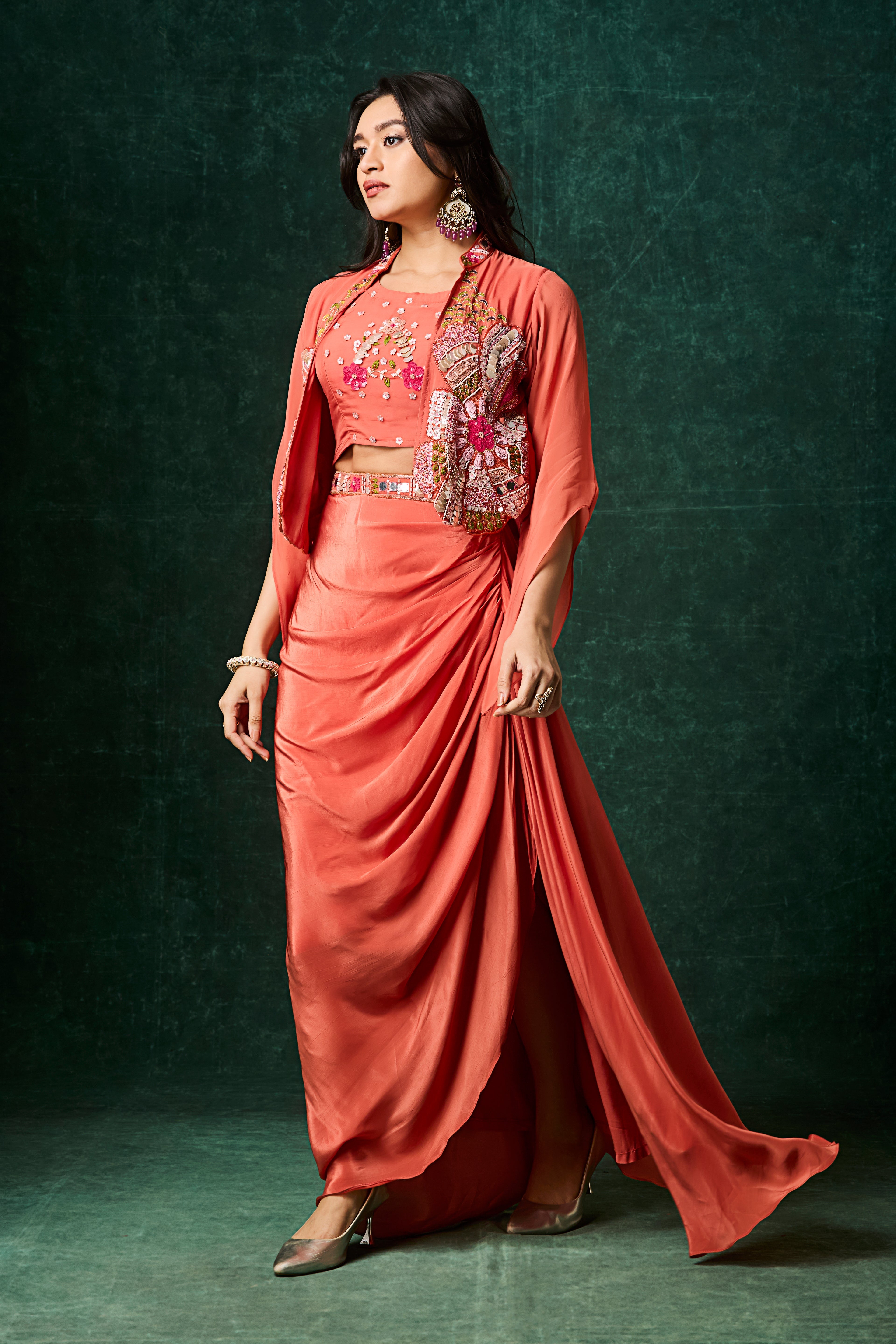 Terracotta Orange Embellished Crepe Silk Skirt Set